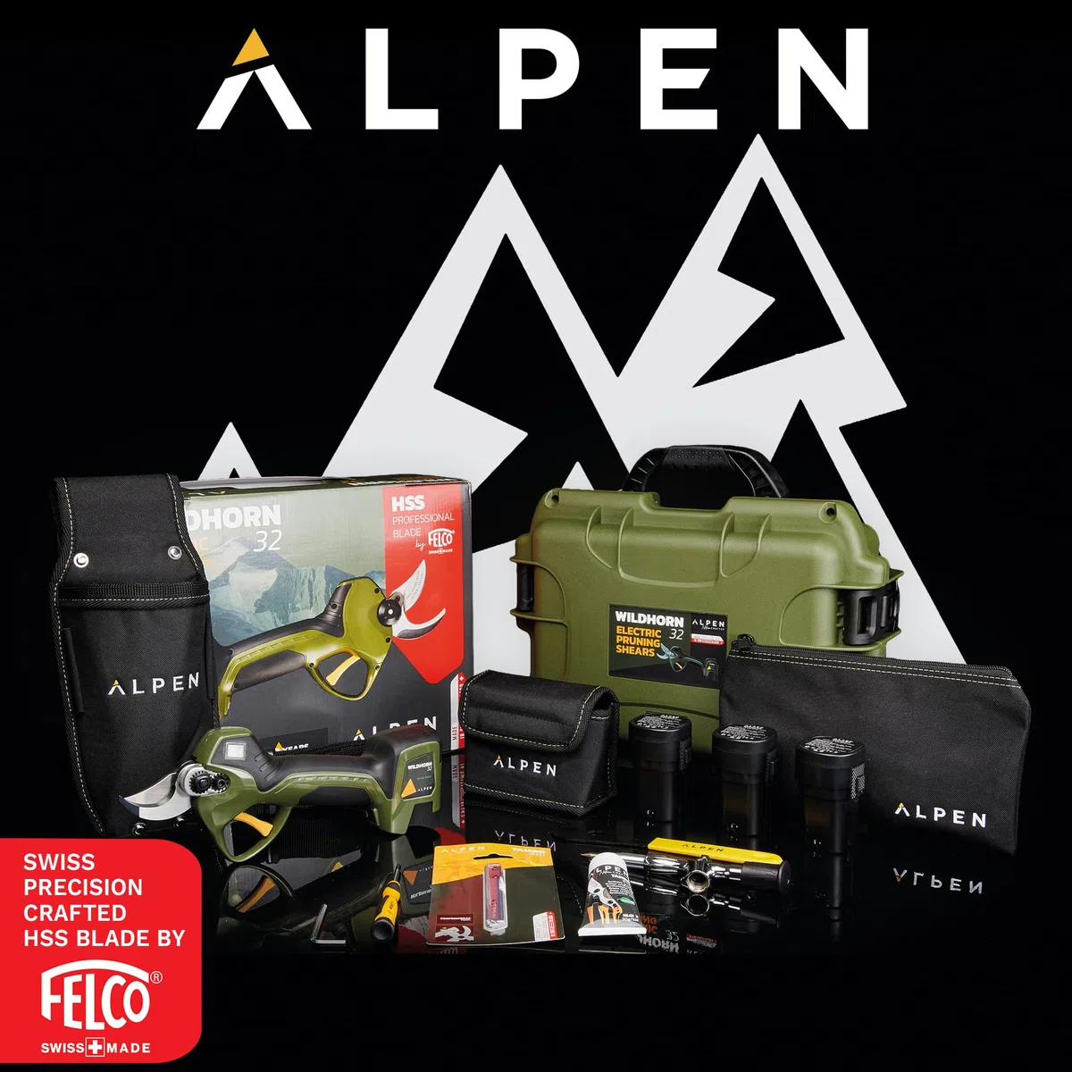 ALPEN Wildhorn 32 Sécateur électrique sans fil – Lame suisse HSS FELCO, coupe 32 mm, 3 batteries Li-Ion, écran LCD, outil pro jardinage ergonomique et puissant