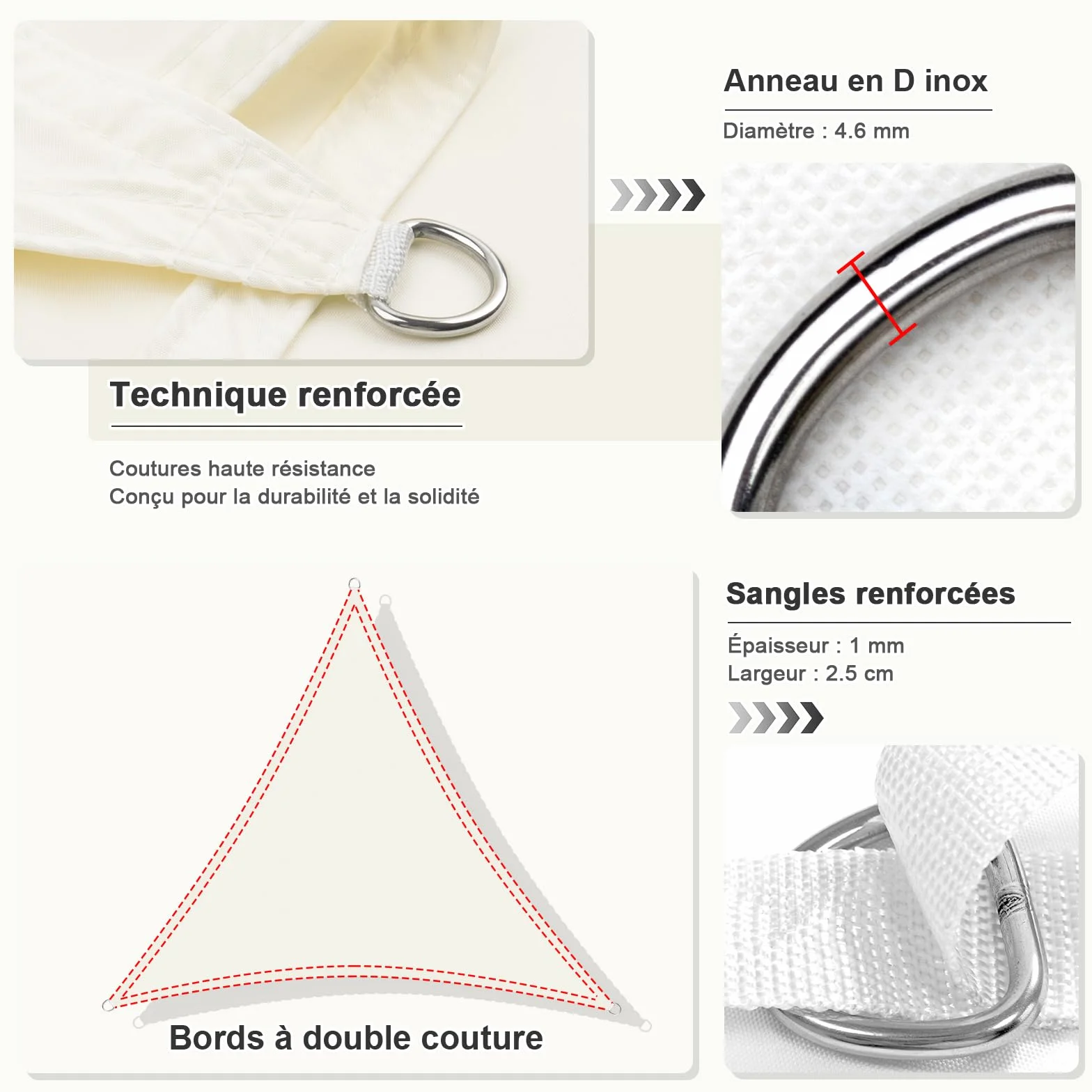 Voile d'ombrage Triangulaire Imperméable 3x3x3m 160 g/m² Protection UV 95% Beige