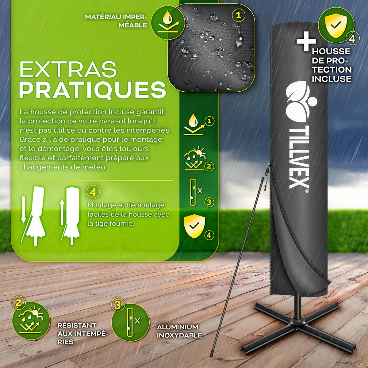 tillvex® Parasol déporté Rectangulaire Ø 330 cm + Housse de Protection & contre le vent | Parasol à manivelle carré avec support | Parasol de jardin Extérieur Anti-UV en aluminium