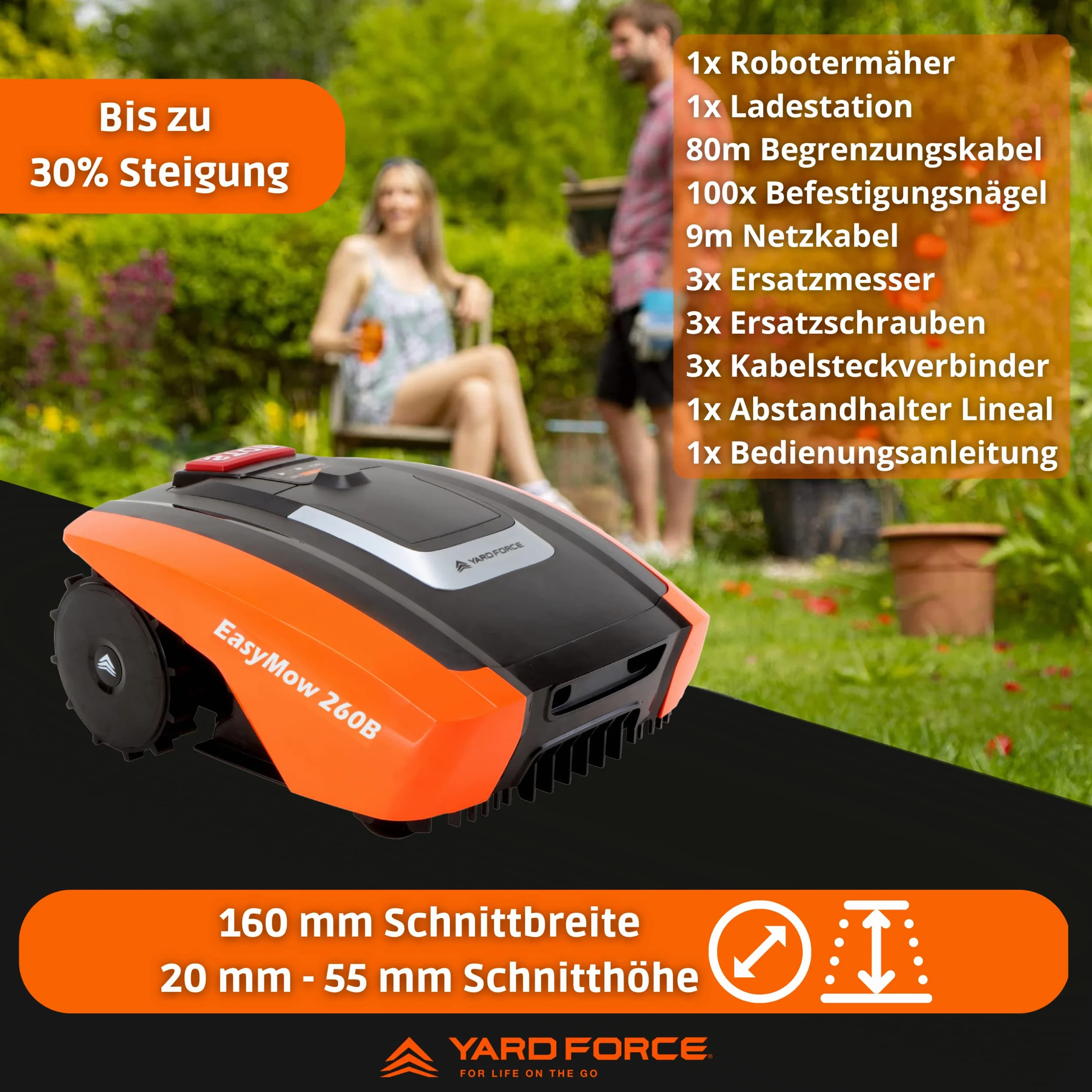 Yard Force Robot Tondeuse Easymow 260B pour Jardins jusqu'à 260m². Noir/Orange