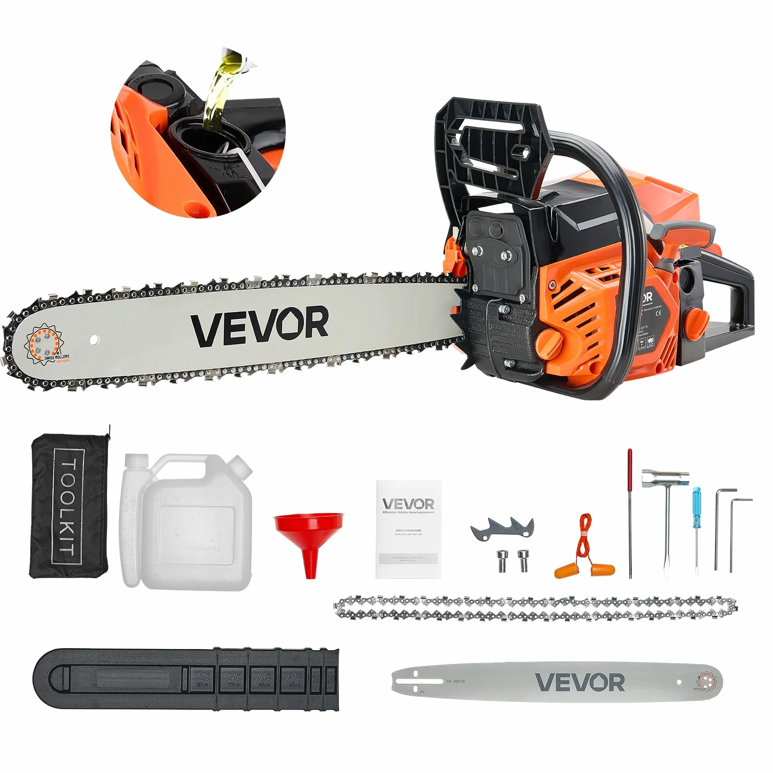 VEVOR Tronçonneuse à Essence 455 mm, Tronçonneuse Thermique 52 cc, 1,8 kW, avec Poignée Antidérapante, Double Réservoir de Carburant, pour Coupe de Bois, Élagage de Branches des Arbres, Défrichement