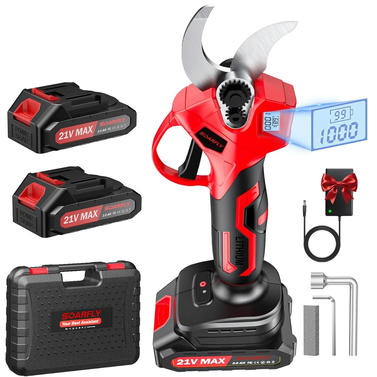 SOARFLY Sécateur Électrique Sans Fil, Sécateur Électrique, Akku Gartenschere 35 mm, 450W Brushless Motor, 2 x 21V Akku, SK5 Stahlklinge, LCD Anzeige, Für Obstbäume Gartenpflanzen Reben, Rouge