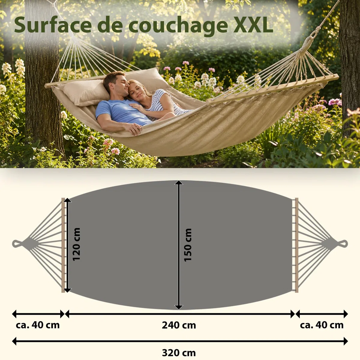 BB Sport Hamac Double Suspendu Barre Deux Personnes 240 x 150 cm Charge Max. 300 kg Couleur Plage
