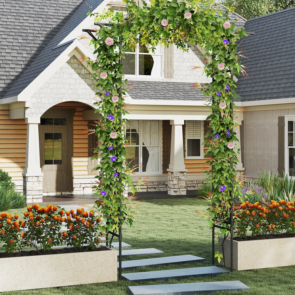 GOPLUS Arche de Jardin 210 CM avec Treillis, Arceau Porte de Jardin Rosiers Exterieur en Métal pour Plantes Grimpantes,Plantes Vignes, Décoration de Fête Mariage (Noir,170 x 39 x 210 cm)