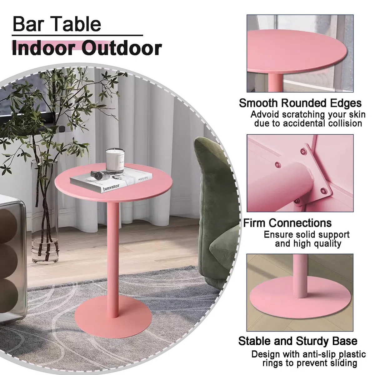 Table de bar rose, table de pub ronde, table de bistrot pour cocktail, table haute pour petits espaces, table basse pour boissons, bureau de cuisine, table haute pour intérieur et extérieur(60x60x72cm