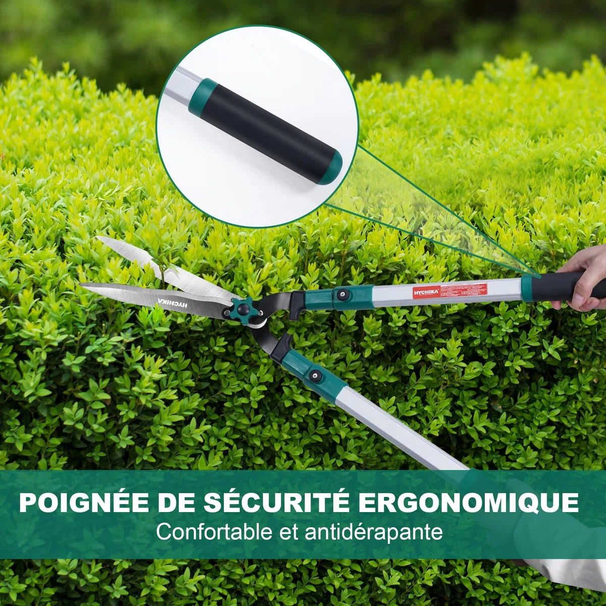 HYCHIKA Cisaille Haie Telescopique 111CM, Taille Haie Manuel, Cisailles à Haies, Lames en Acier Trempé, Lames de 214 MM, Cisaille de Jardin Pour Tailler les Haies et les Buissons