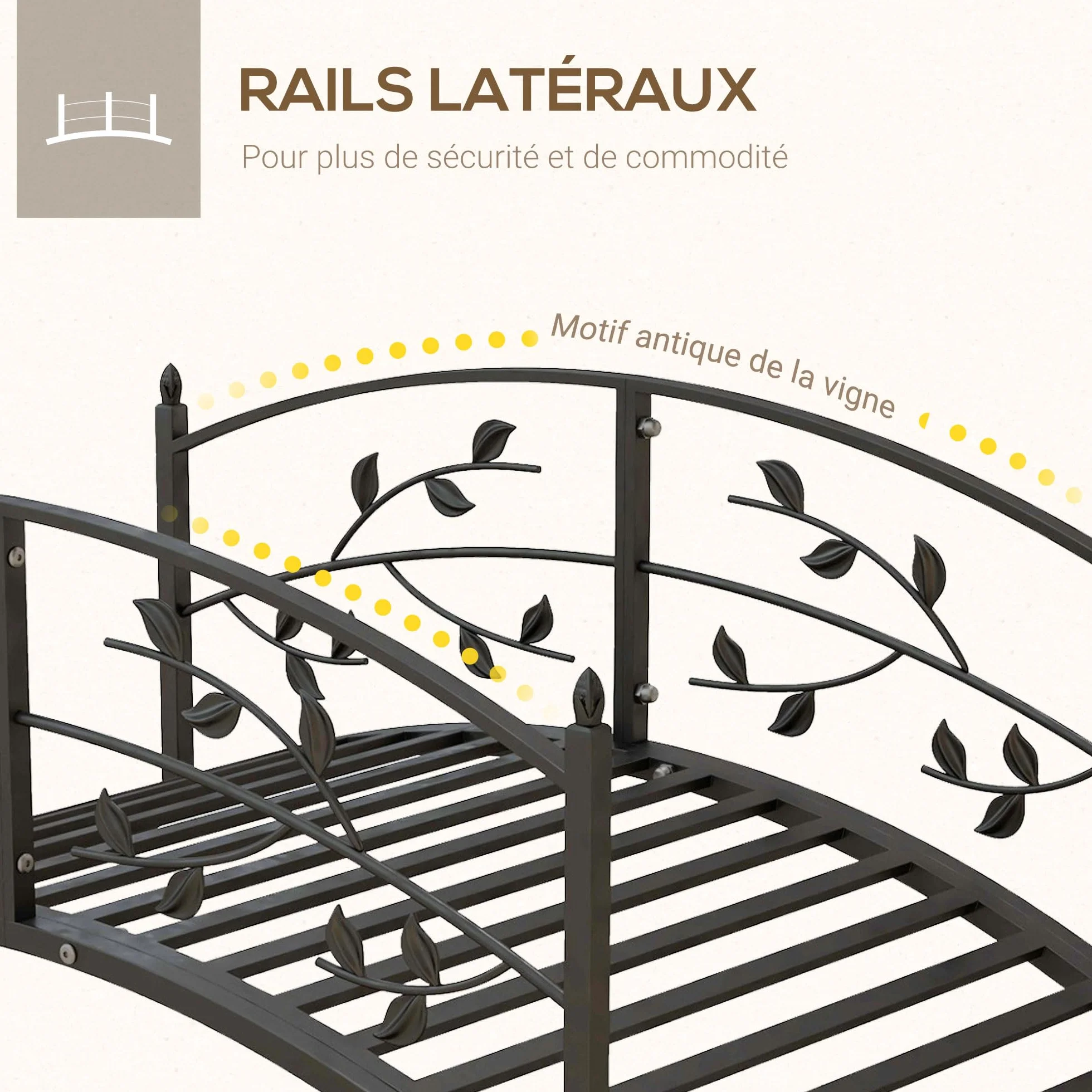 Outsunny Pont de Jardin - Pont de Bassin - décoration du Jardin dim. 119L x 67l x 47H cm avec Balustrade Motif de Vigne Acier Noir
