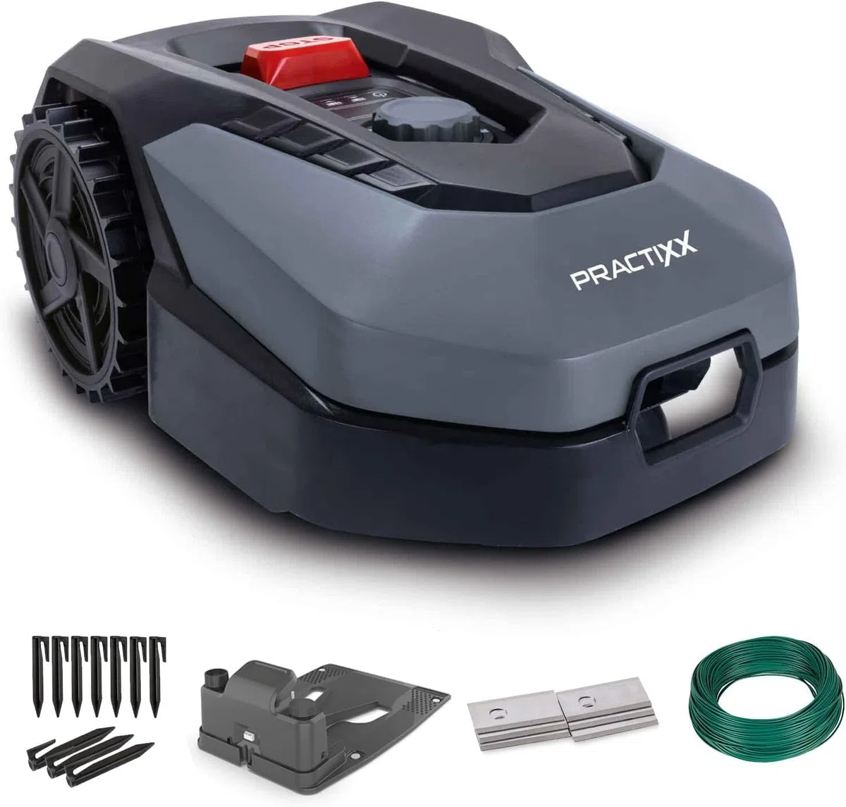 Practixx Robot Tondeuse PX-RRM-600Wi | 600 m² |Largeur & Hauteur de Coupe 18cm /20-60mm | Capteur de Pluie |WiFi & BT| Pente de 35%| Station de Charge Incluse