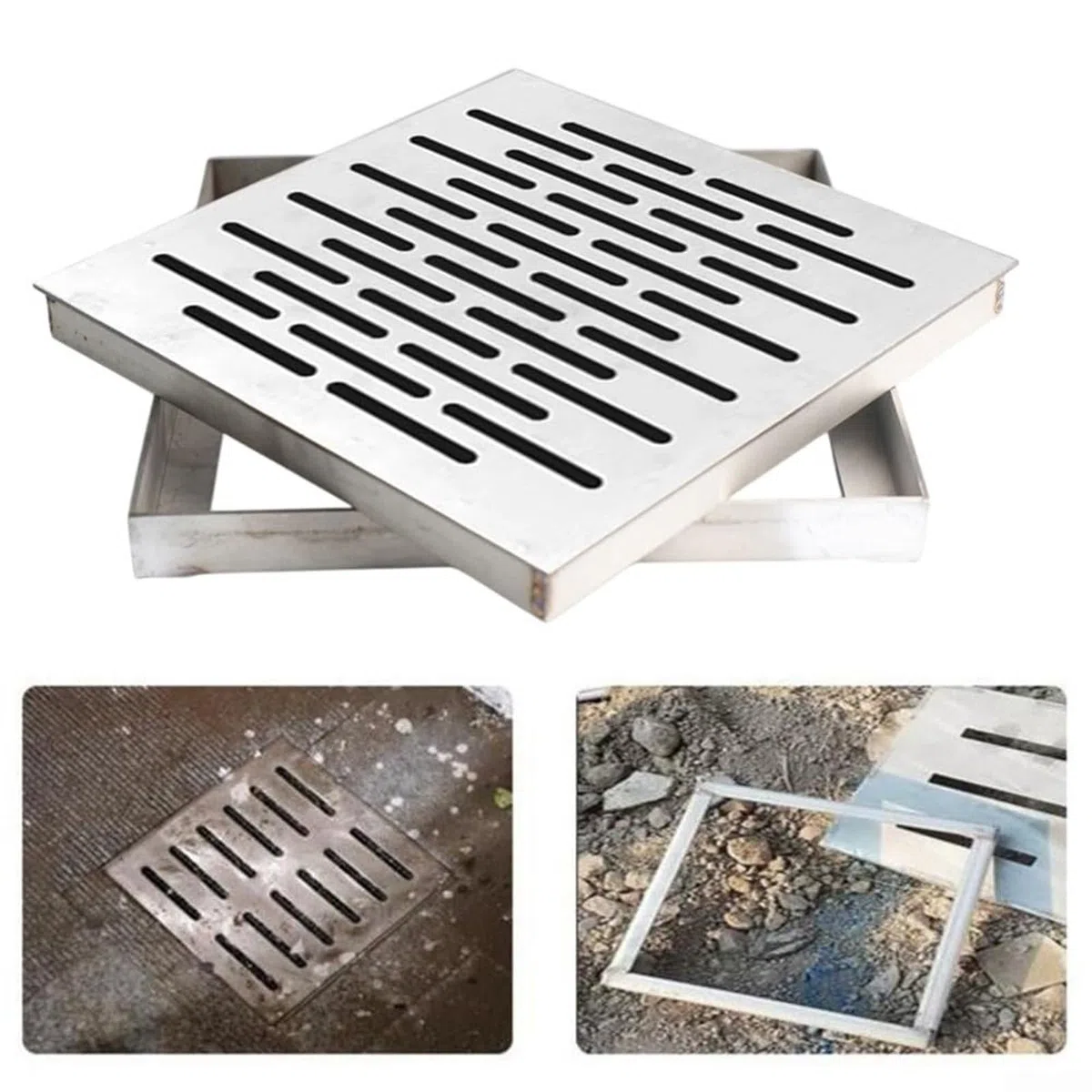 Caniveau Exterieur de Sol en Acier Inoxydable, Grille Caniveau Métallique, Couvercle de Regard Invisible avec Cadre, Convient aux Jardins, Cuisines(40x40x3cm/16x16x1.2in)