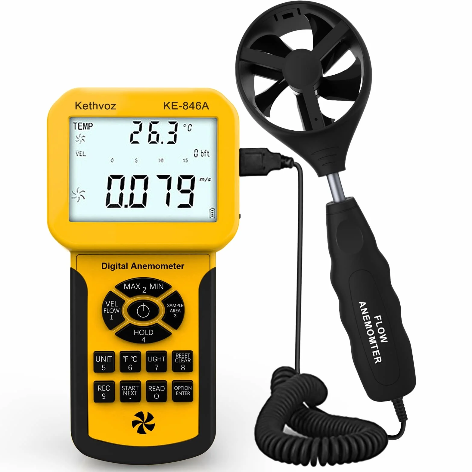 Kethvoz Anémomètre VMC Debimetre, Anemometre Mesure Débit Air Volume CFM Tester Vitesse du Vent Température pour Système AC, Mesureur vitesse l'air industriel avec MAX MIN AVG Stockage Données
