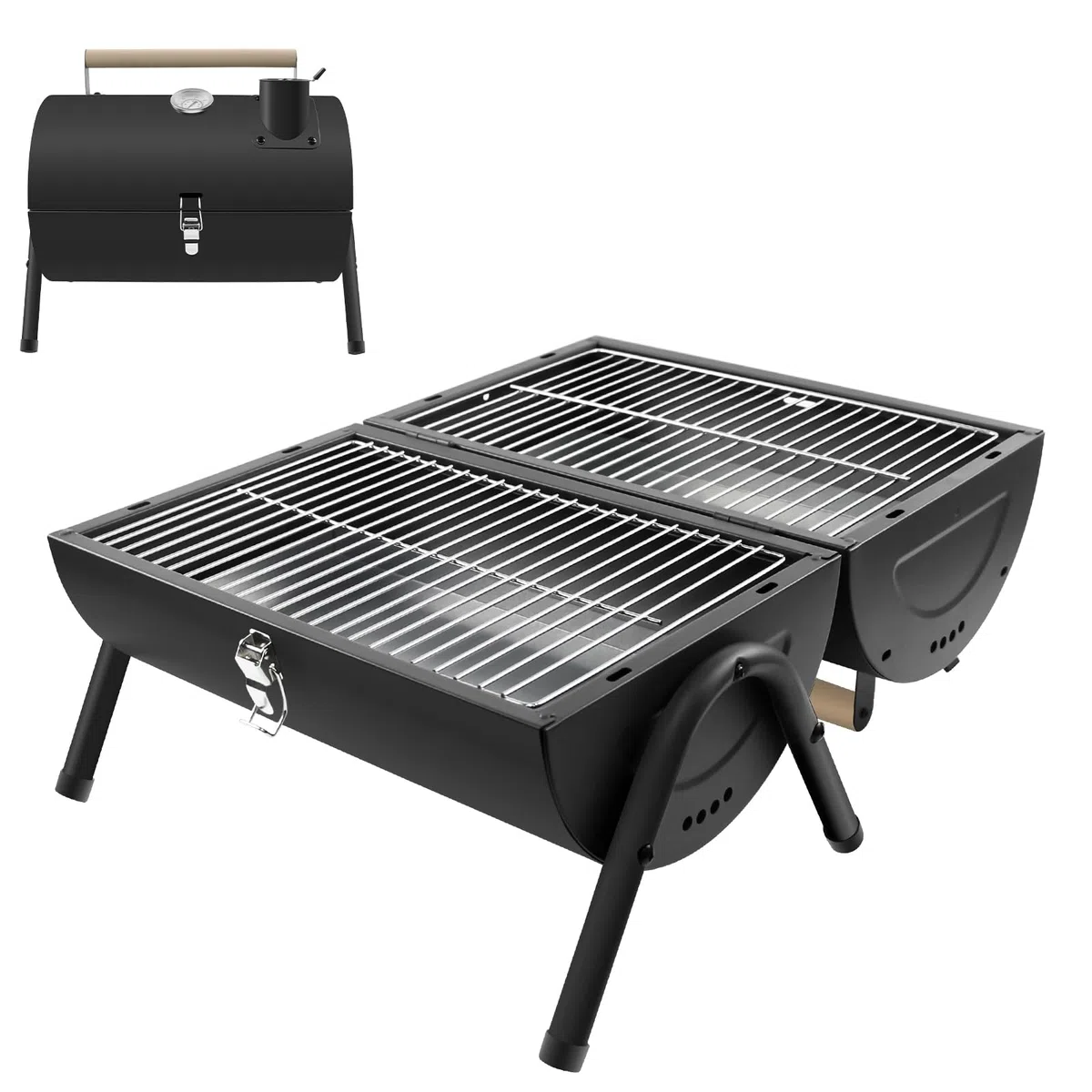 Barbecue Charbon Portable 2 en 1 Noir | avec Thermomètre, robuste, facile à transporter, pour jardin balcon voyage camping