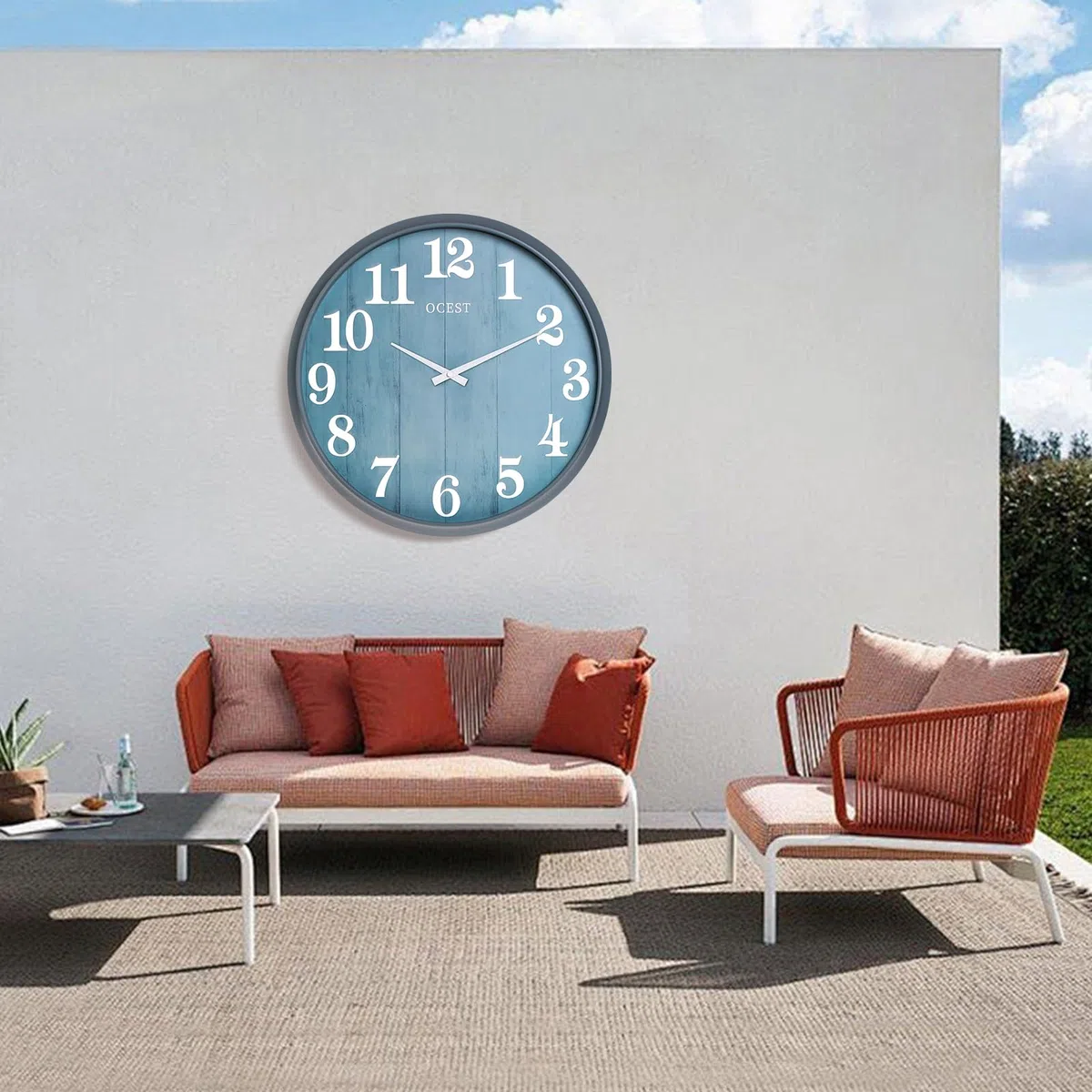 OCEST Horloge d'extérieur étanche Bleue de 45,7 cm, Fonctionne avec Piles, Grand écran, Mouvement à Quartz Silencieux pour décoration intérieure, terrasse, Jardin, Salon