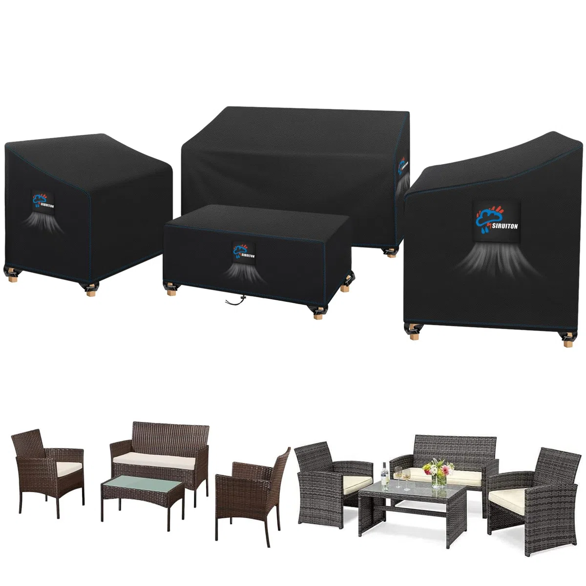 SIRUTON Housse De Meubles De Patio 4 Pièces Véranda Extérieure Ensemble De Housses De Meubles De Jardin De Patio Étanche Meubles Housse, Meubles Bâche Salon de Jardin Imperméable Anti-UV, Noir