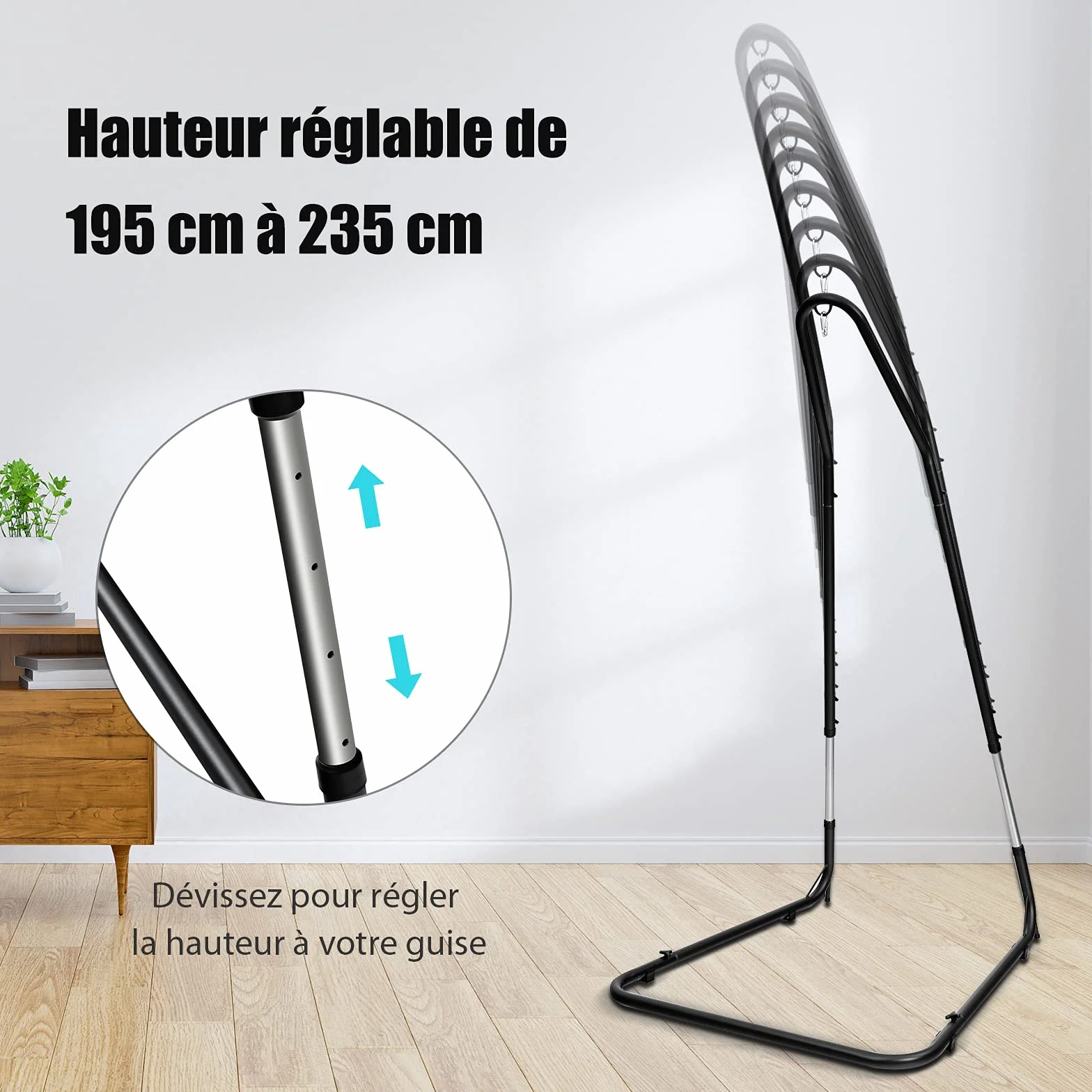 COSTWAY Support pour Fauteuil Suspendu 195-235cm Cadre en Acier avec Crochet de Sécurité Pieds Antidérapants Fixations Verrouillable sans Hamac pour Chambre Véranda Cour Noir