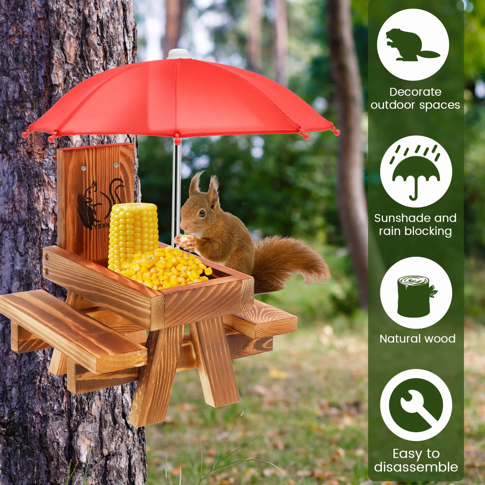 Mangeoire à écureuil en Bois avec Parapluie, Table de Pique-Nique Extérieur Solide