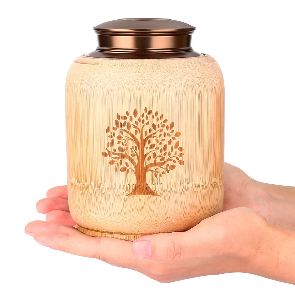 Urne funéraire de Taille Moyenne pour Cendres humaines en Bambou, Urnes funéraires commémoratives pour Cendres humaines Adultes, Femmes et Hommes, Urnes décoratives avec Motif Arbre de Vie, Peut