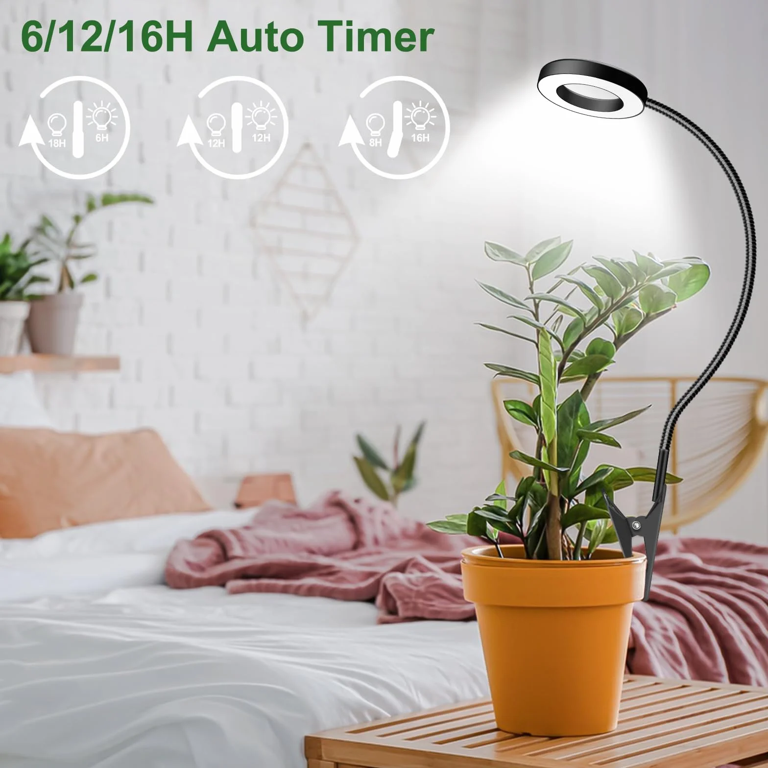 LED Pflanzenlampe Vollspektrum 6500K Grow Light mit 360° Schwanenhals, 3 Farbtemperatur, 5 Helligkeit, Timer