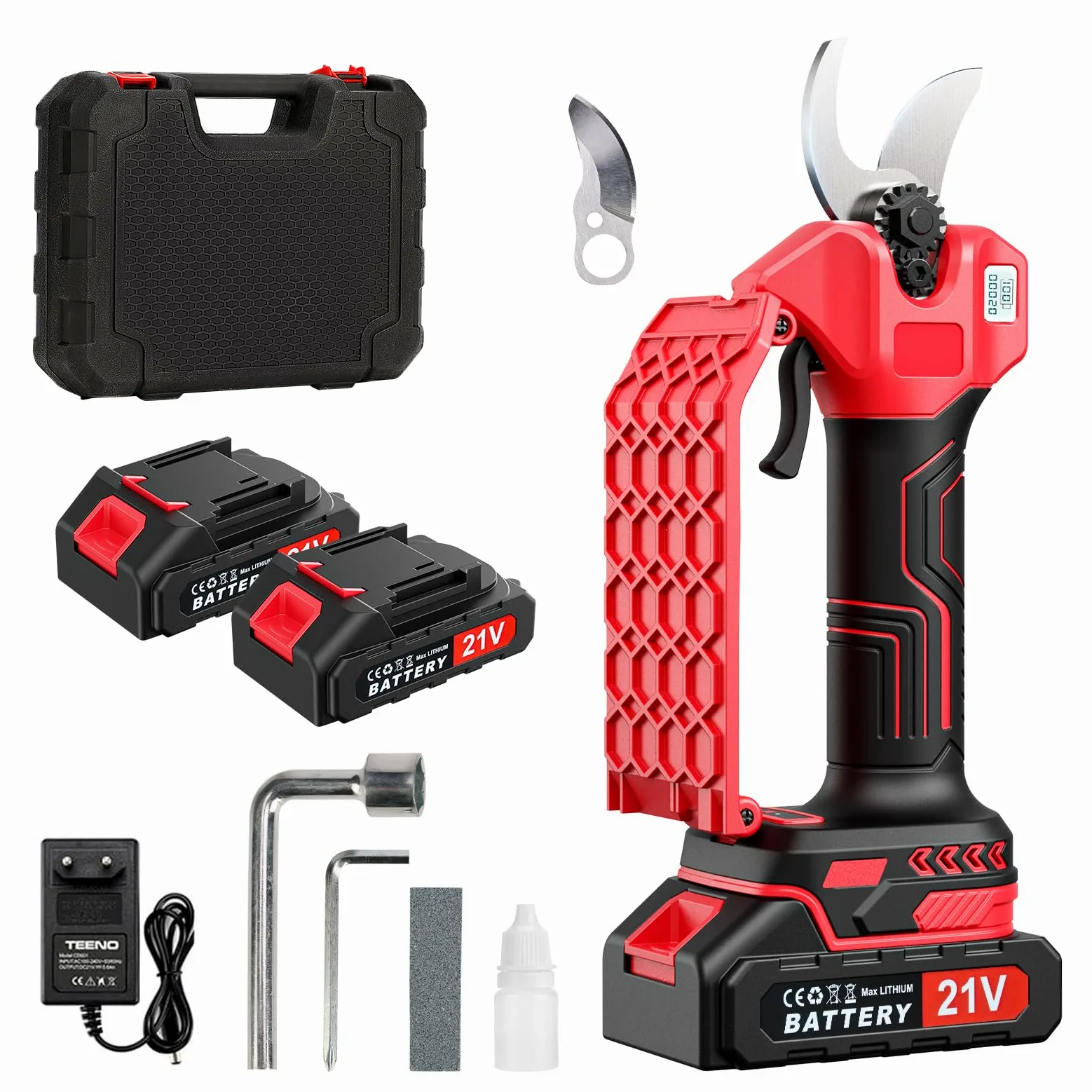 Secateur Electrique Sans Fil 35mm, Sécateur de Jardin avec 2 Batteries et Écran LCD, Lames Sharp Sk5, Moteur Sans Balais, Sécateur Électrique pour Jardinage, Vigne, Arbre Fruitier (Rouge)