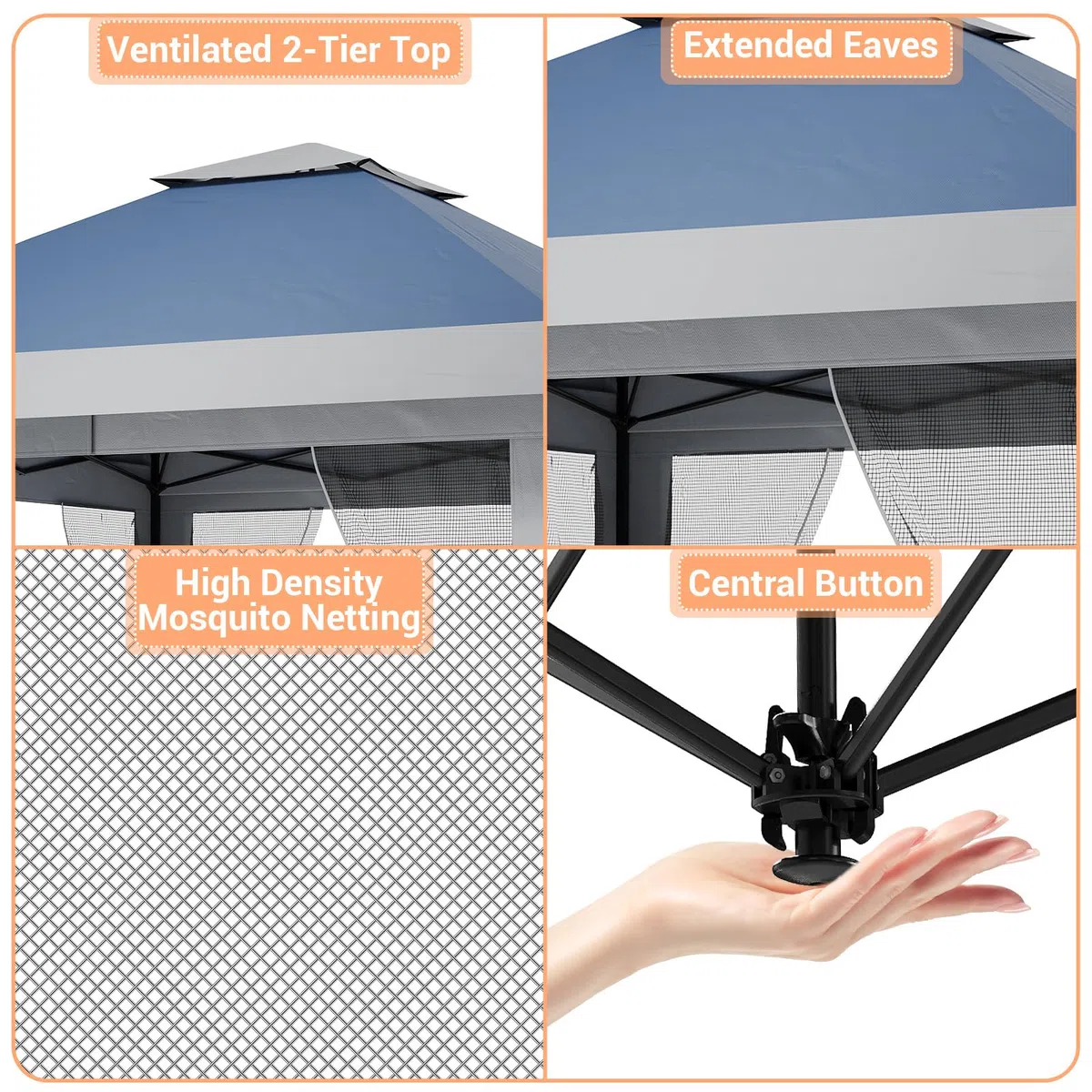Garvee Tonnelle De Jardin 3,96x3,96m Pop-Up avec Moustiquaire – Toit Double Imperméable & Anti-UV – Hauteur Réglable – Abri Résistant pour Terrasse, Jardin, Patio, Camping – Sac De Transport Inclus