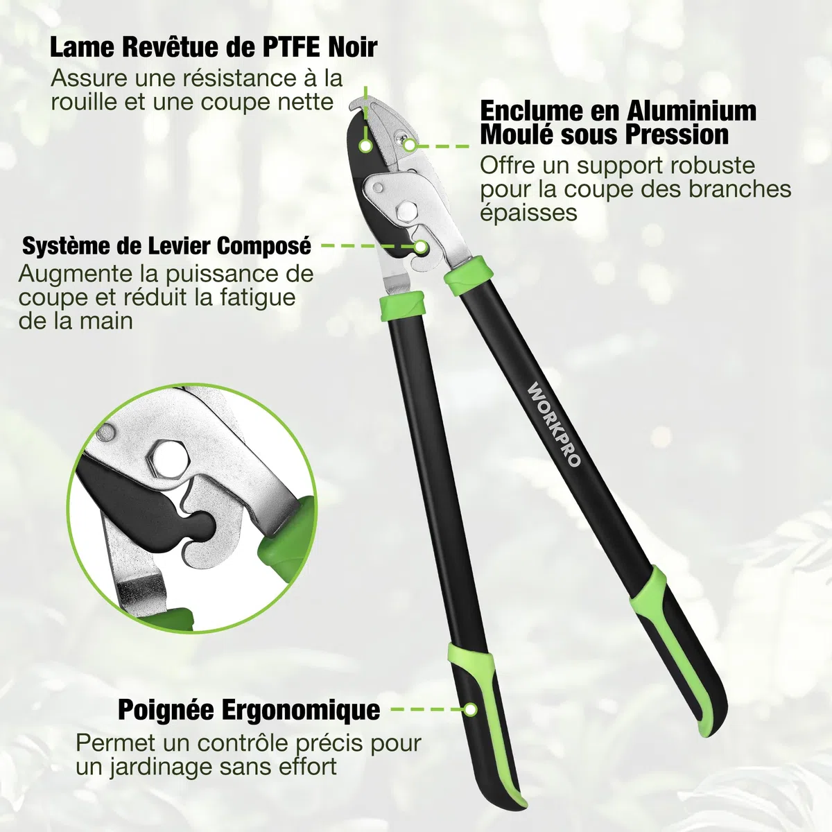 WORKPRO Set de 3 Cisailles de Jardin - Sécateur Bypass, Cisaille à Enclume et Cisaille à Haies - Kit Complet pour l'Entretien des Plantes