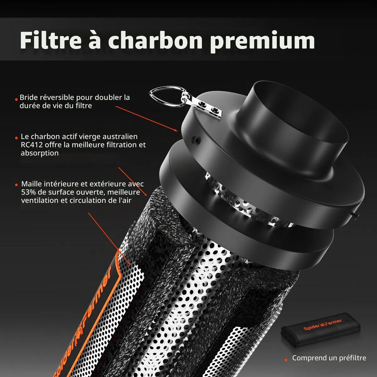 SPIDER FARMER 15,2cm Filtre à Charbon pour Tentes de Culture, Filtre à Air en Carbone avec Premium Australia Virgin Charcoal pour Tentes de Culture, Filtration de L'air, Hydroculture