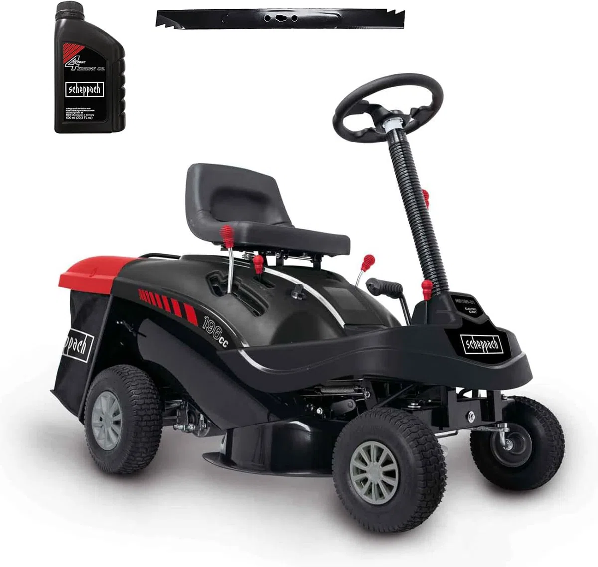 Scheppach Tondeuse Thermique MR196-61 | Autoportée & Démarrage électrique |6,5 CV| Largeur de Coupe 61cm | 5 Positions |Ramassage 150 L| 4 Marche Avant- 1 Marche arrière | Lame supp. + Huile Incluse