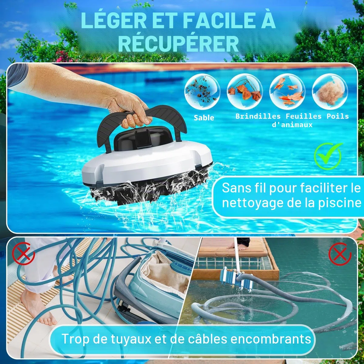 2026 Robot aspirateur de Piscine sans Fil pour Piscine Hors Sol 120 Minutes d'autonomie, Nettoyeur de Piscine Automatique pour Piscine creusée jusqu'à 1000 Pieds carrés Robot de Piscine autoparquant