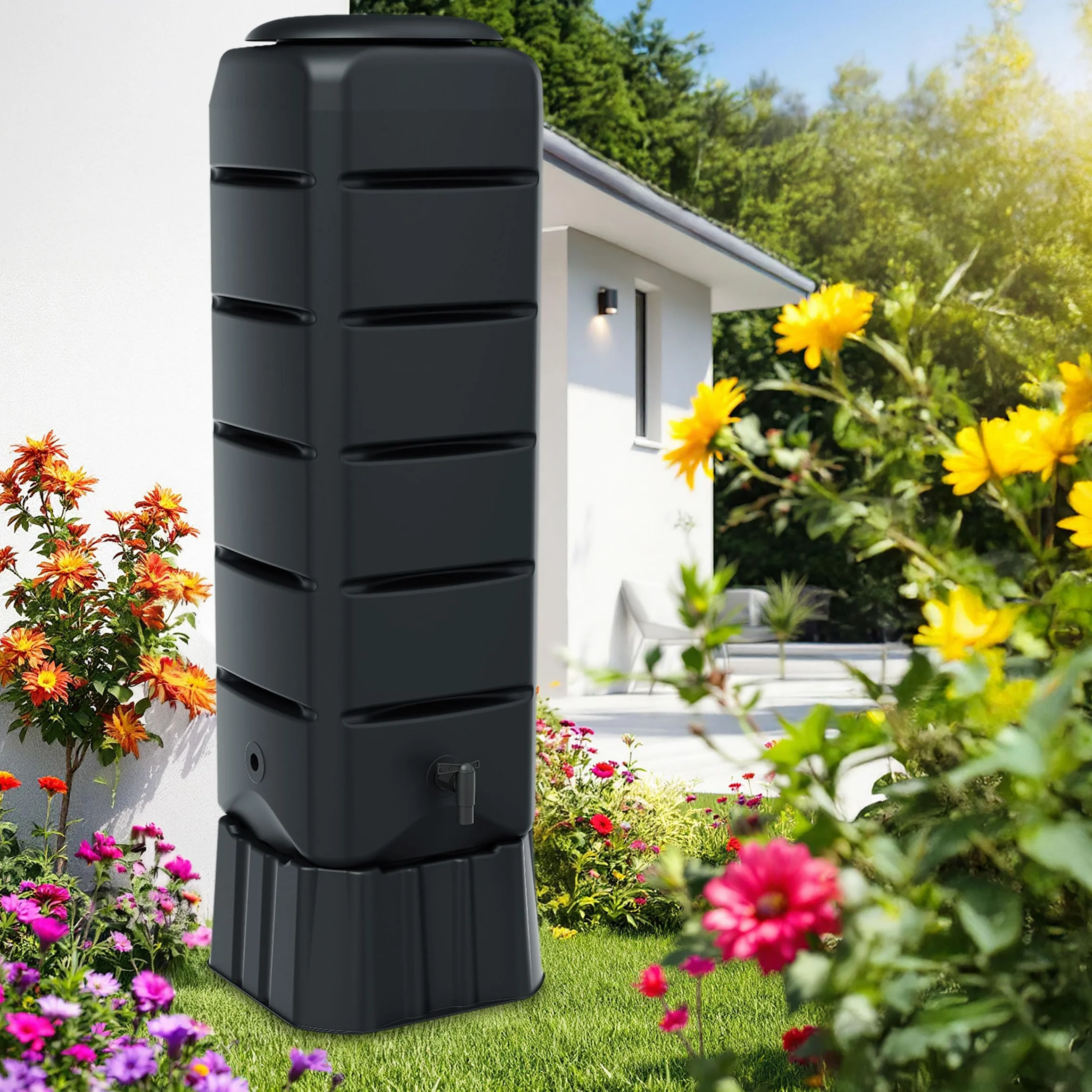 Récupérateur d'eau de pluie rectangulaire anthracite avec robinet et sangle de sécurité - 120 l - En plastique - Gris - 130 x 37 cm - Avec pied - Réservoir d'eau de pluie - Réservoir d'eau de jardin