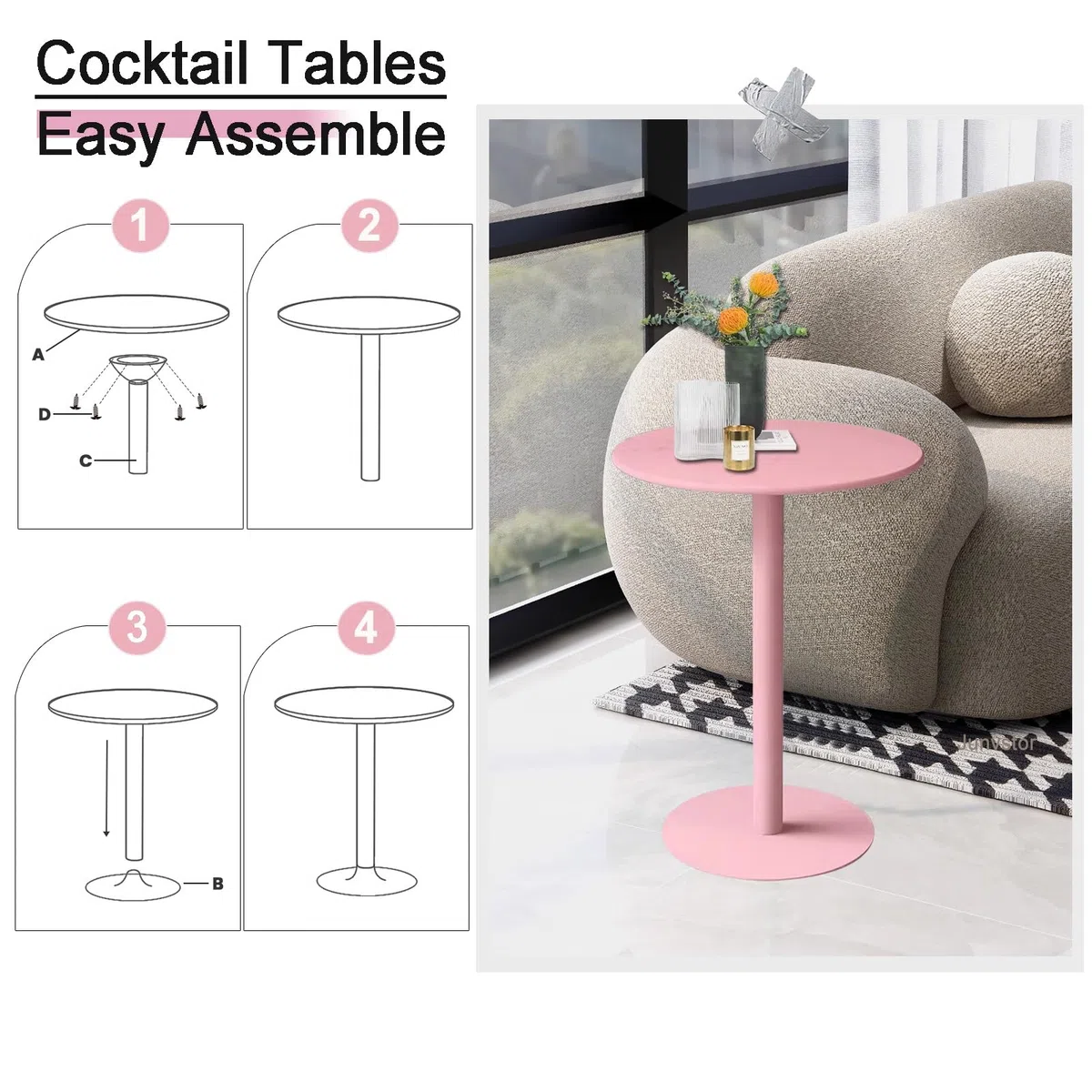 Table de bar rose, table de pub ronde, table de bistrot pour cocktail, table haute pour petits espaces, table basse pour boissons, bureau de cuisine, table haute pour intérieur et extérieur(60x60x72cm