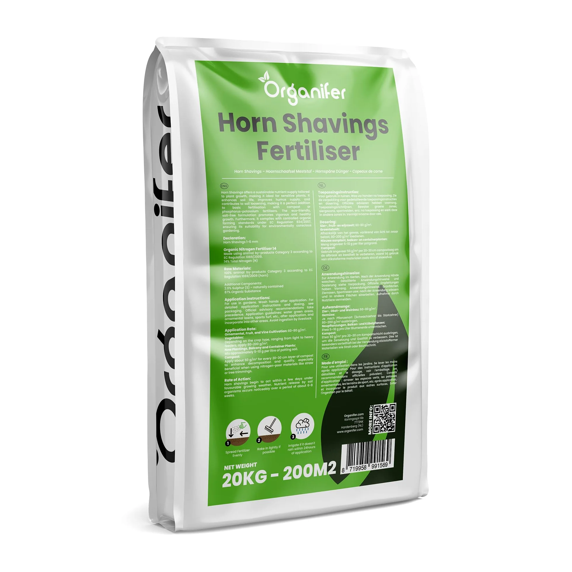 Copeaux De Corne 1-6 Mm - 20 Kg Pour 200 M2 - Engrais Azoté Organique 14% N Pour Légumes, Fruits, Pelouses Et Plantes Ornementales - Nutrition Longue Durée, Amélioration Des Sols - Organifer