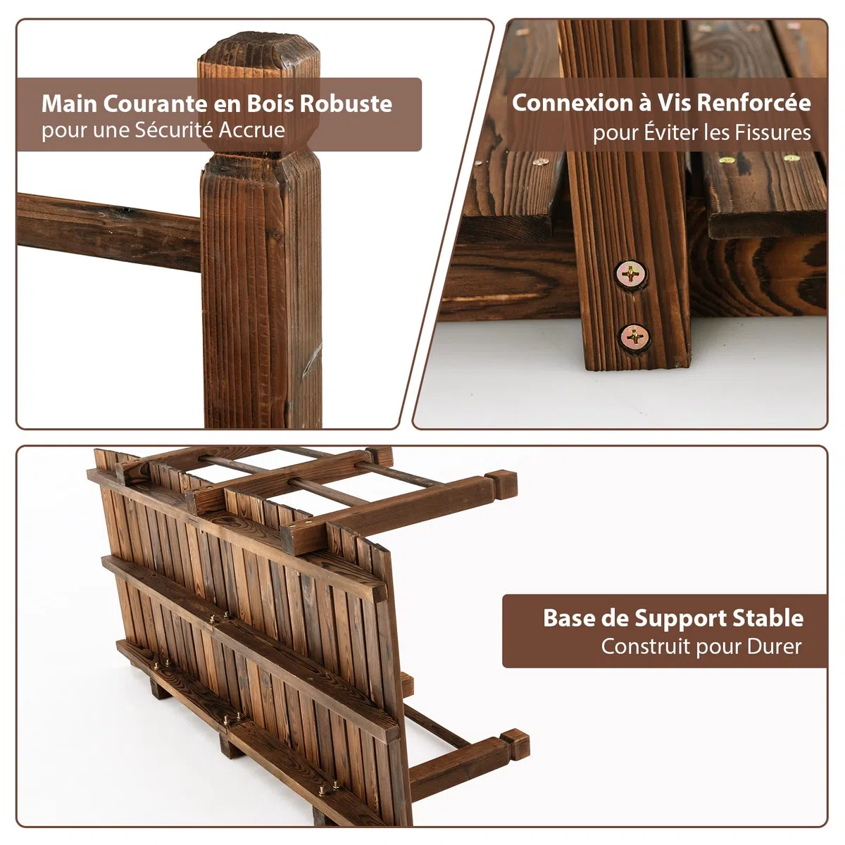 COSTWAY Pont de Jardin en Bois de Sapin Carbonisé Charge Maximale 150KG, Pont sur Étang 150 x 67 x 55 cm avec Double Garde-Corps de Sécurité, Décoration du Jardin pour Patio Cour (Marron foncé)