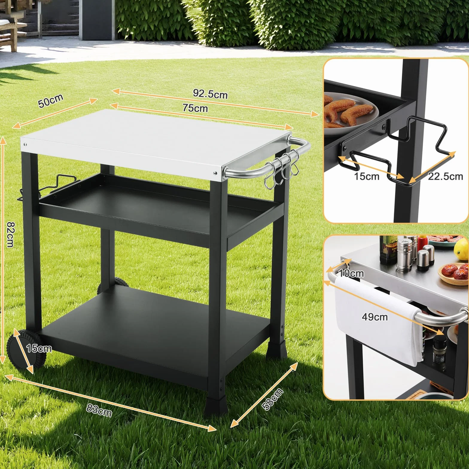 LIFERUN Chariot Barbecue 3 Étagères, Desserte Jardin avec Crochets et 2 roulettes, Desserte Extérieure Service Inoxydable, Chariot Plancha INOX, Table de Cuisine Extérieure Pizza, Terrasse, Jardin