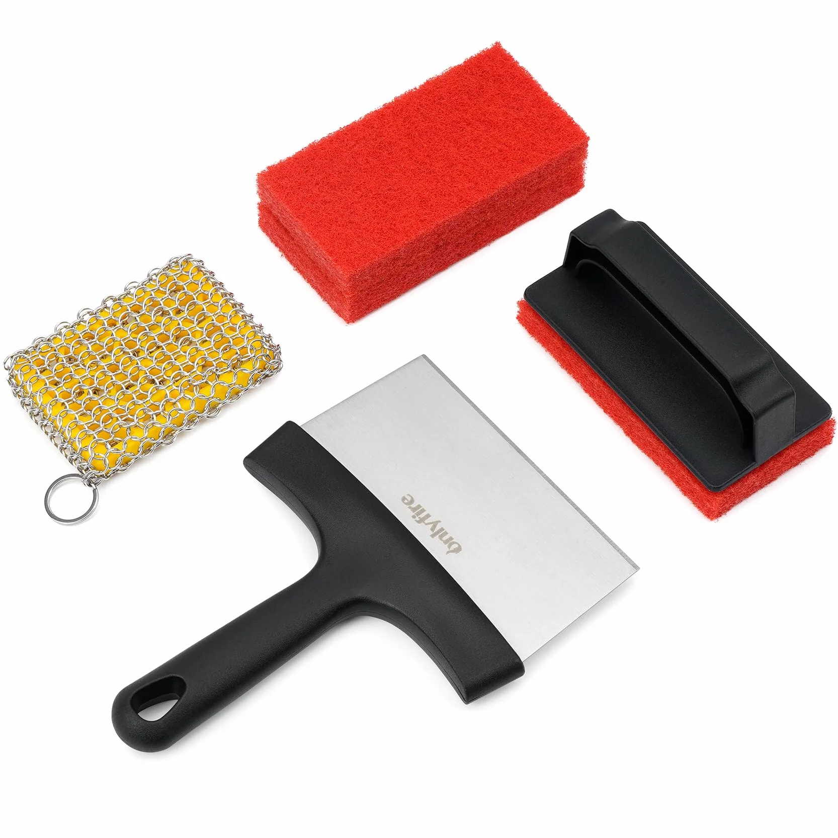 Kit de nettoyage pour poêle et plaque en fonte onlyfire - grattoir plancha INOX professionnel, éponge maille INOX, éponges nettoyantes et poignée