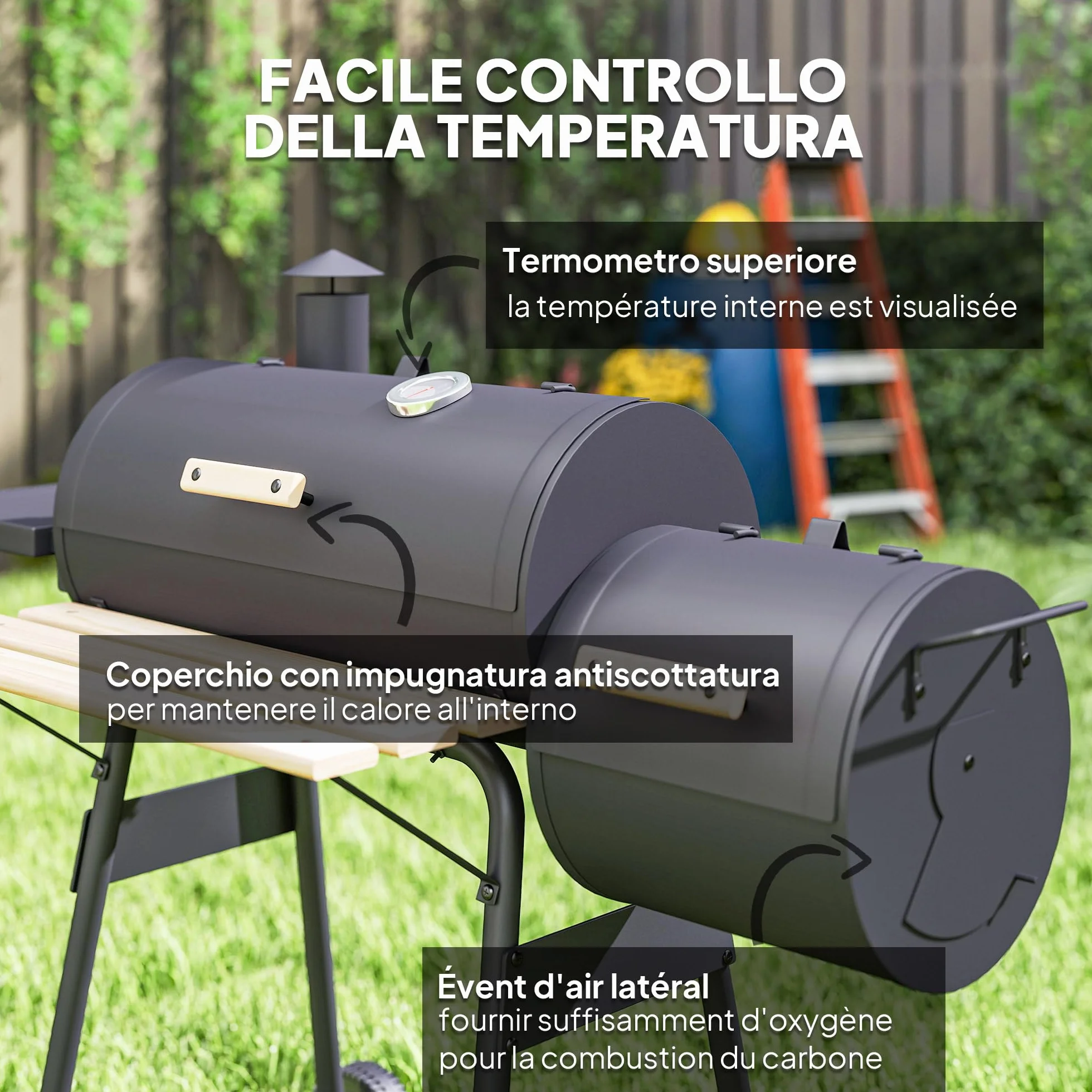 Outsunny Barbecue à charbon fumoir BBQ grill smoker sur pied avec couvercle, roulettes, thermomètre, étagères acier laminé à froid, noir