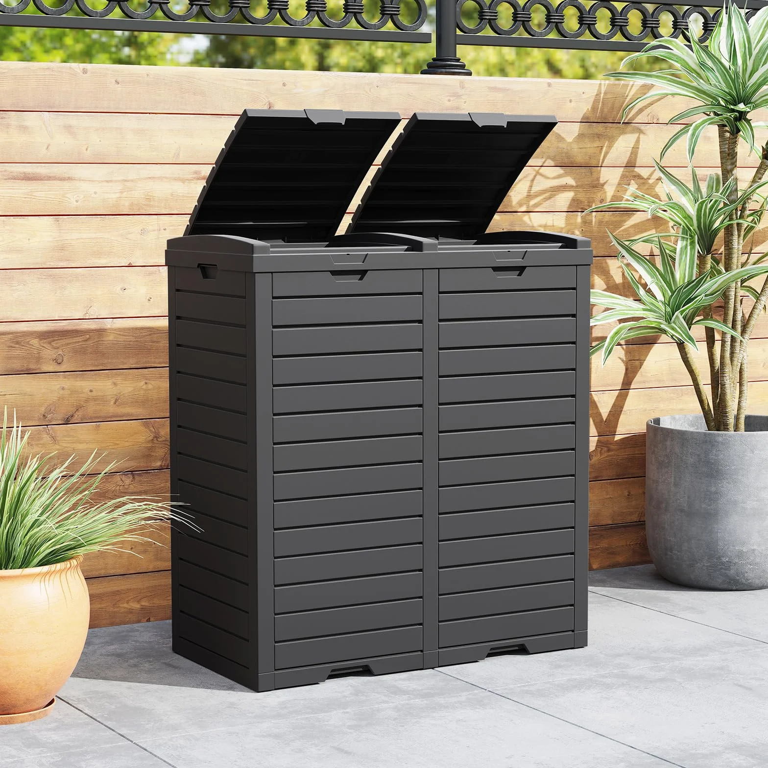GIANTEX Poubelle Extérieure de 235 L Double Bacs, Poubelle Classée Etanche avec Couvercle à Plusieurs Niveaux, Bac d'Egouttage, Poignée, pour Terrasse, Cour, Jardin, Extérieur (Noir)