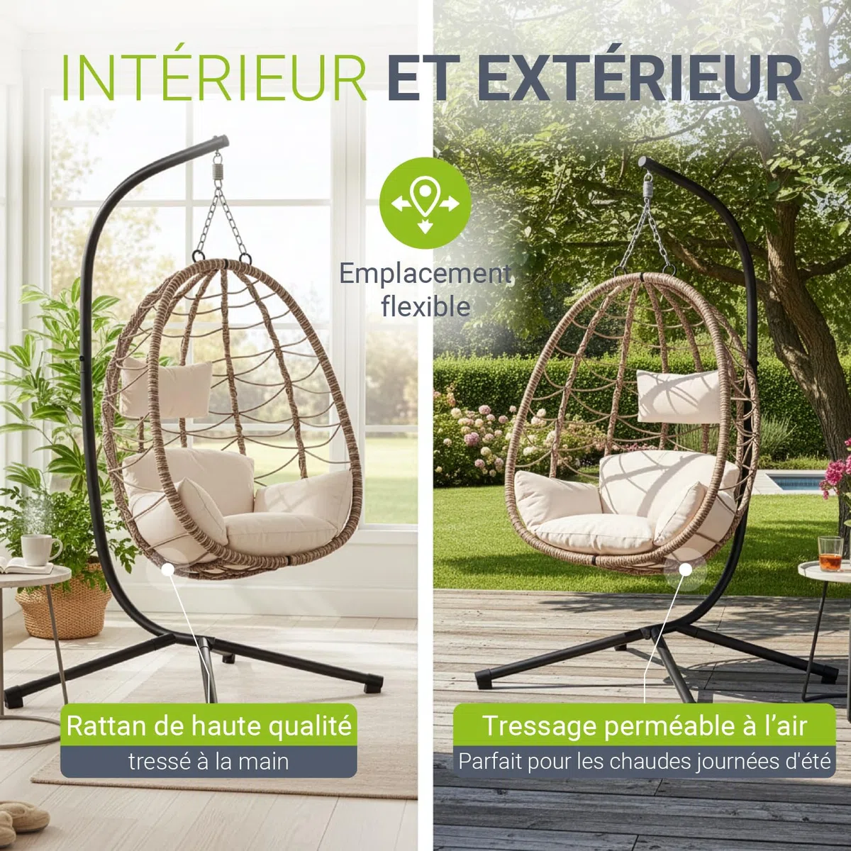 Juskys Fauteuil Suspendu Aria avec Coussin - réglable en Hauteur et Pliable - Balancelle en rotin synthétique pour l'extérieur et l'intérieur - Siège en Osier Beige jusqu'à 130 kg