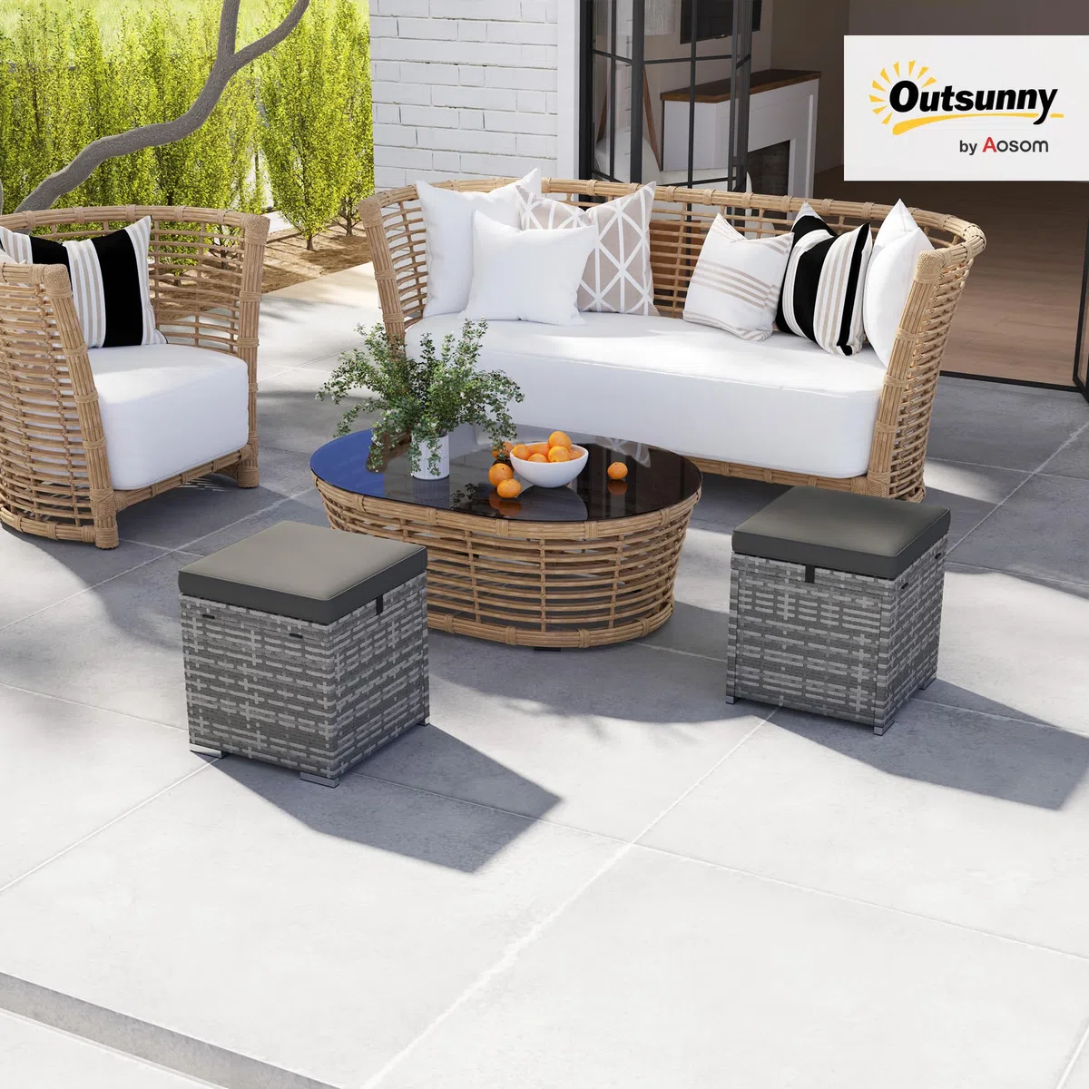 Outsunny Lot de 2 tabourets en rotin Tabouret de jardin avec aspect rotin Coussin de rangement Couvercle 120 kg résistant aux intempéries Tabouret de pied Meuble de jardin pour extérieur Jardin