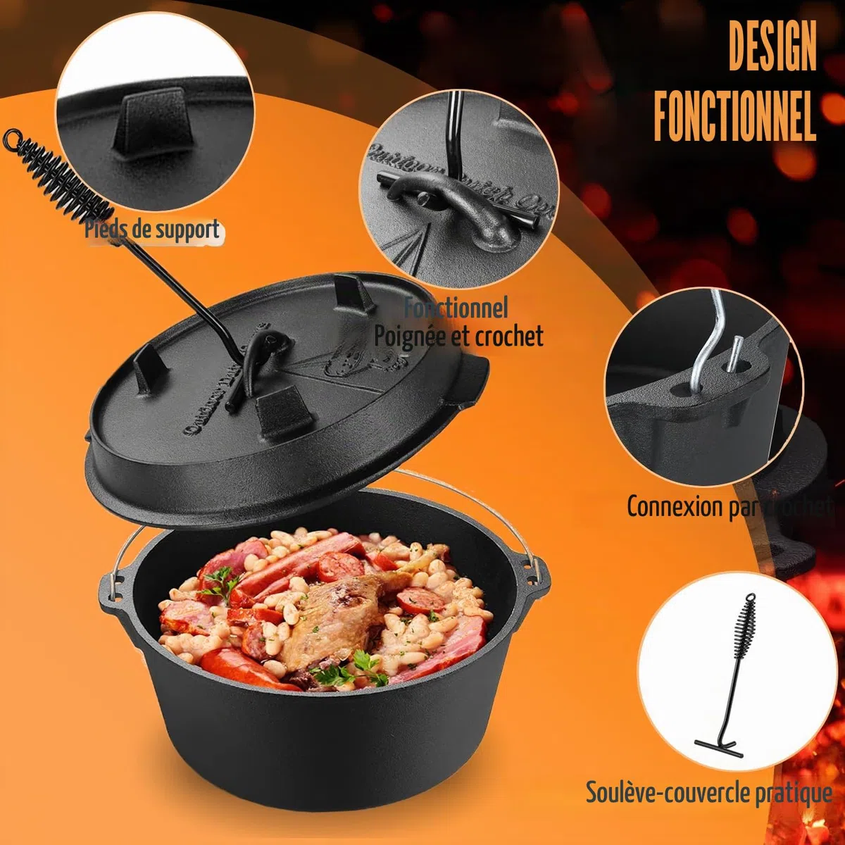 Faitout hollandais 9 litres, double fonction, fonte, pré-assaisonné, avec lifter, noir