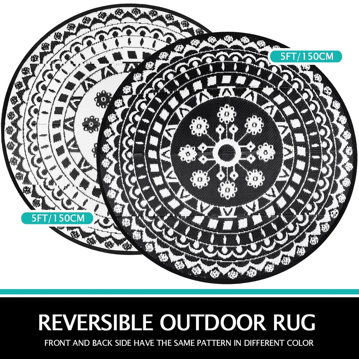 Capslpad Tapis rond extérieur réversible bohème paille plastique imperméable camping-car jardin balcon terrasse tente pique-nique plage camping sac transport