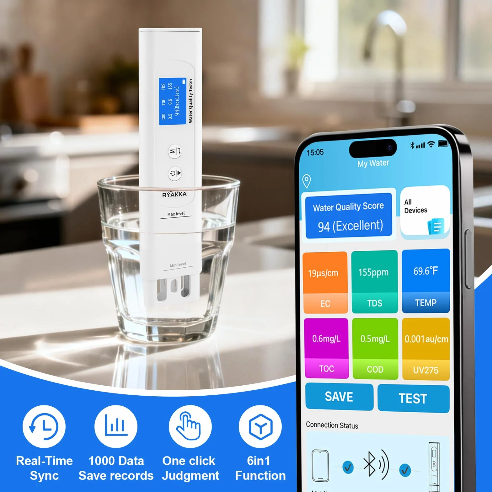 Testeur d’Eau Intelligent 6-en-1 avec App, Analyse TDS/EC/TOC/COD/UV275/Temp, Score 4 Couleurs, Calibration Intelligente, Testeur de Qualité de l'eau Portable pour Filtre, Maison, Camping