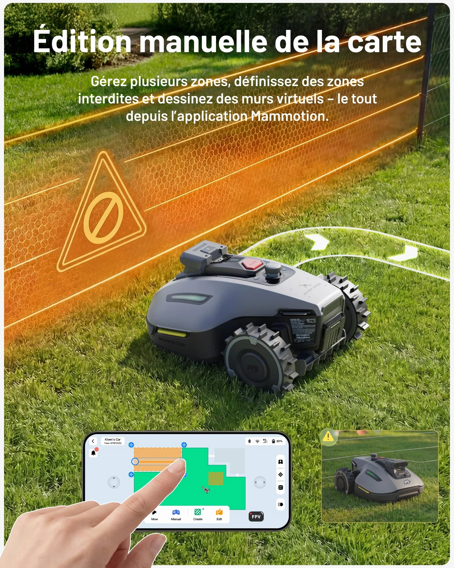 MAMMOTION YUKA Mini 2 500 Robot Tondeuse sans Fil Périmétrique, jusqu'à 500m², AI Traitement d’Image à Trois Caméras Robot Tondeuse, Auto Cartographie Multi-Zones, DropMow, Édition Manuelle de Carte