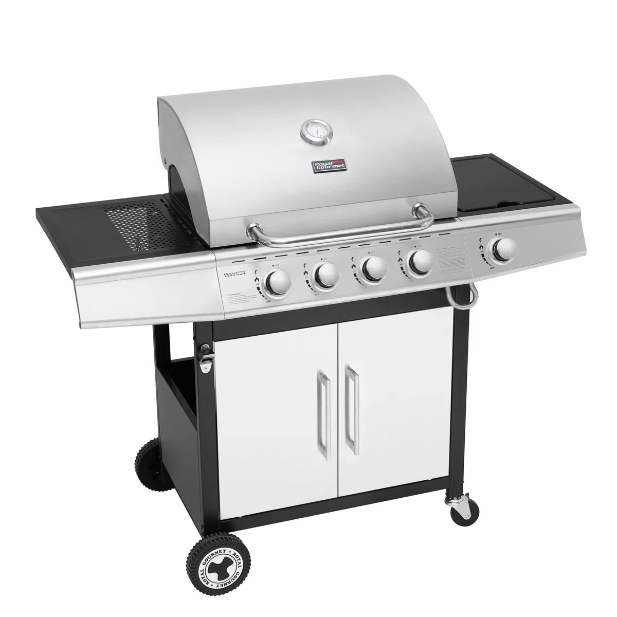 Royal Gourmet Barbecue Gaz 4+1 Brûleurs Acier Inoxydable 14,5kW Gril avec Tablettes Thermomètre 2 Roues Directionnelles 2 Portes