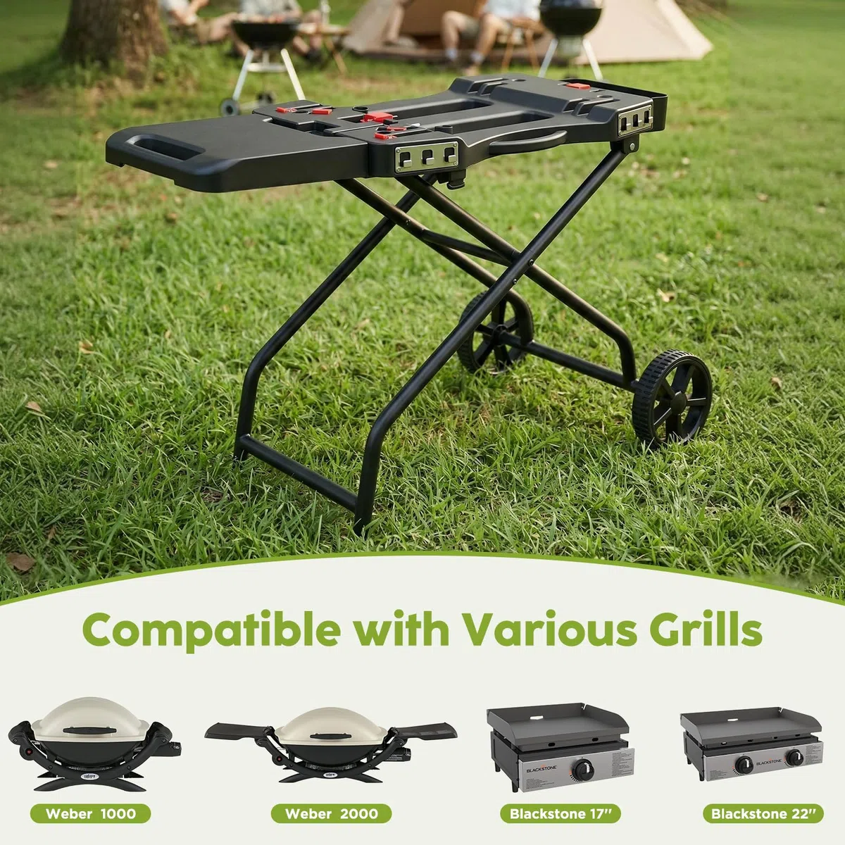 Chariot de barbecue portable pour Weber Q1200, Q1000, Q2200, Q2000 Series, pour plaques de cuisson Blackstone de 43,2 cm et 55,9 cm, chariot pliant, étagère sur support pour plancha d'extérieur, noir