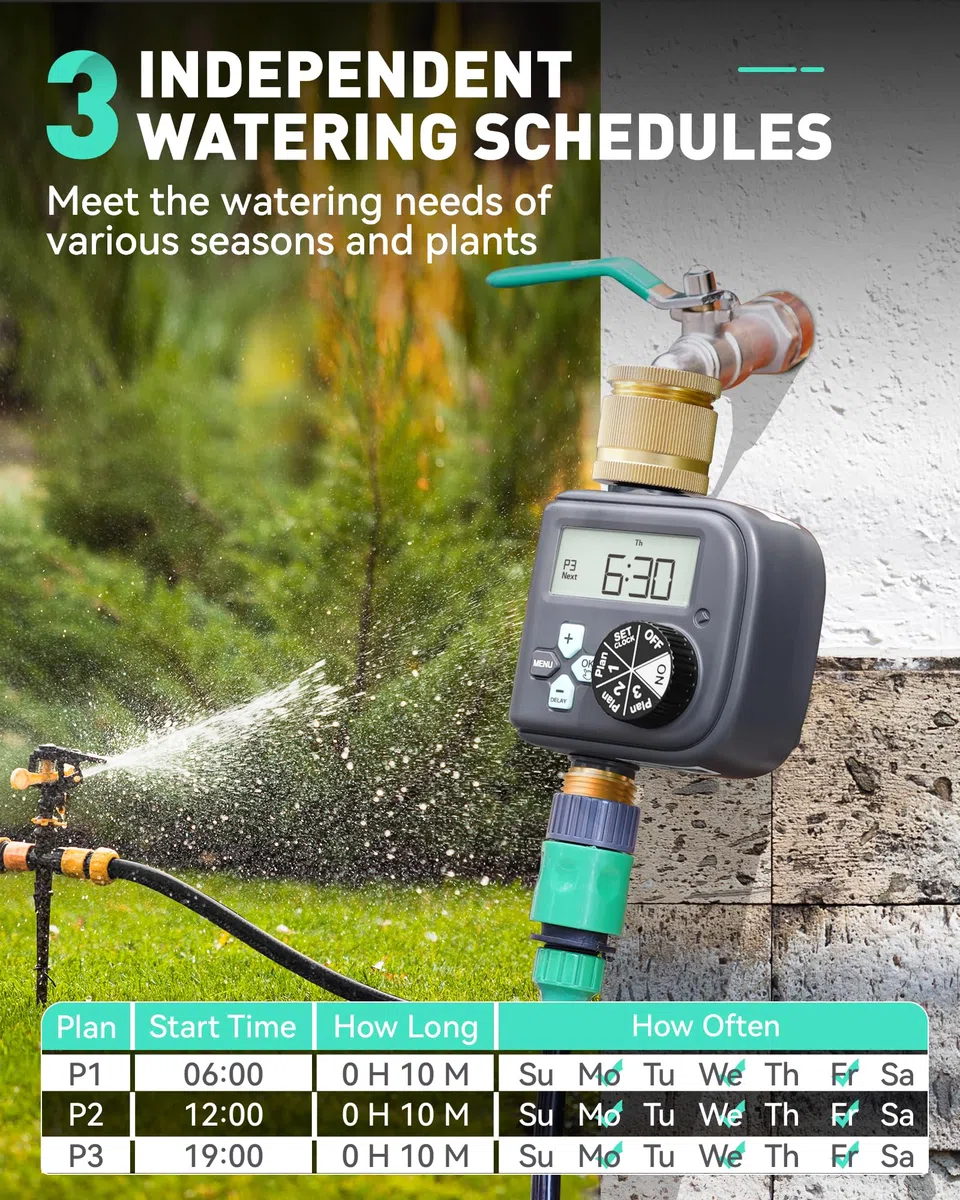RAINPOINT Programmateur Arrosage Automatique avec Entrée et Sortie en Laiton, 3 Horaires, Retard De Pluie, Programmable par Semaine/Heures et Jours d'intervalle, Programmateur d'arrosage pour Jardin