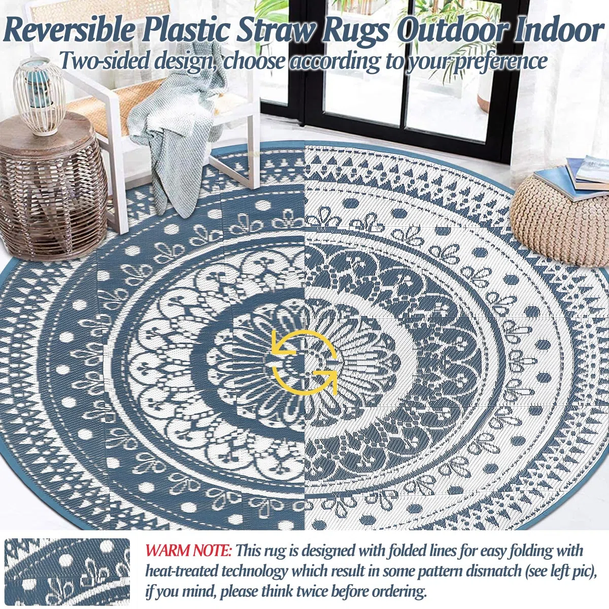 Cekene Grand tapis d'extérieur rond imperméable, réversible, en plastique, facile à nettoyer, pour extérieur, terrasse, jardin, camping-car, remorque, terrasse, pique-nique - Bleu - 240 cm