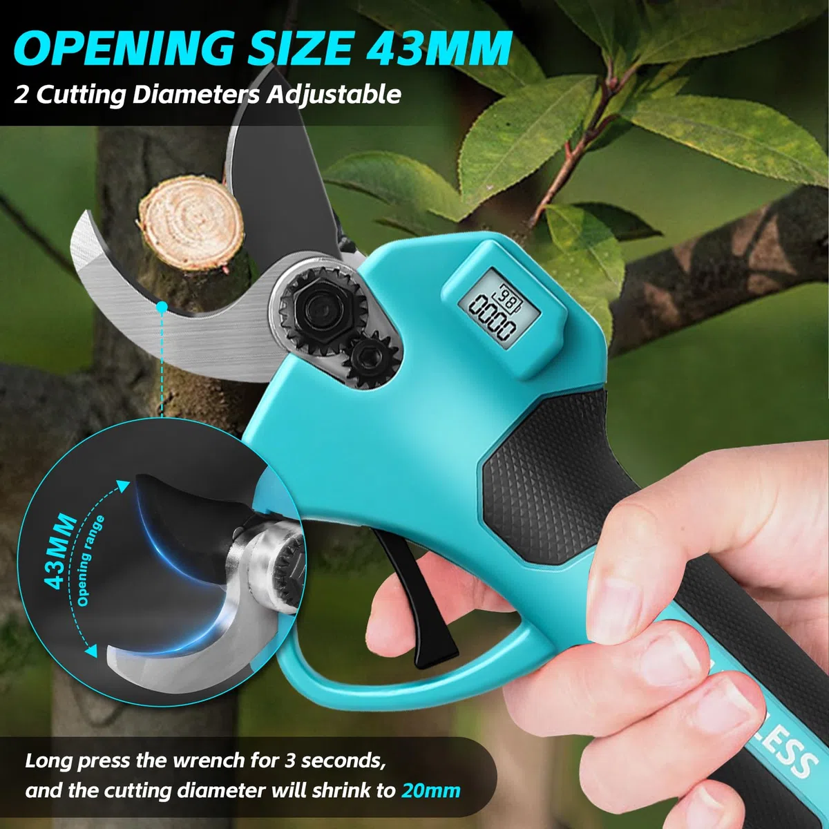 panthem Sécateur de jardin télescopique à batterie 2 en 1, compatible avec Makita 18 V, charge maximale jusqu'à 4,1 m, ouverture de coupe 43 mm, moteur sans balais avec 2 batteries de 4000 mAh