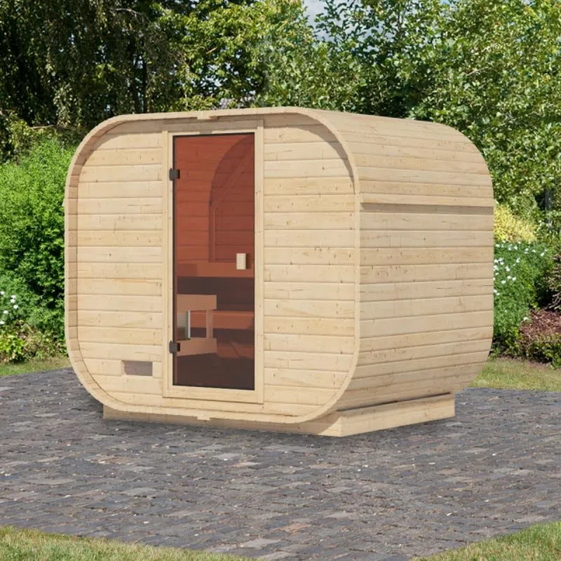 Karibu Sauna Extérieur Quadro 1 Plus 4-6 Places Bois Massif 38mm 4,2m² Porte Verre Bronzé Plancher Inclus 242,5x175x205cm