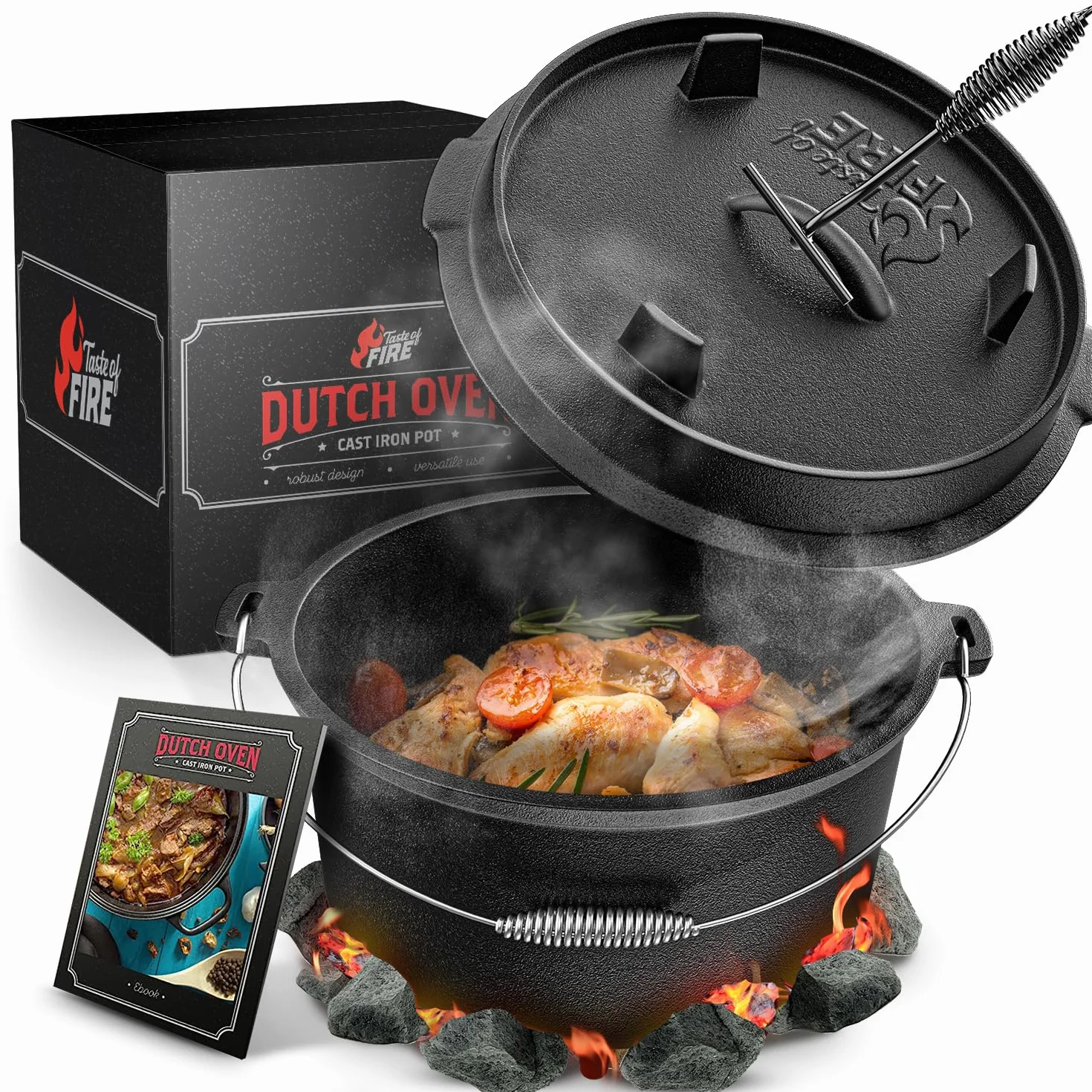 Taste of Fire L'Original Cocotte en Fonte Dutch Oven 7,4L avec Pieds Couvercle 1,8L Double Fonction Poêle à Griller Lève-Couvercle