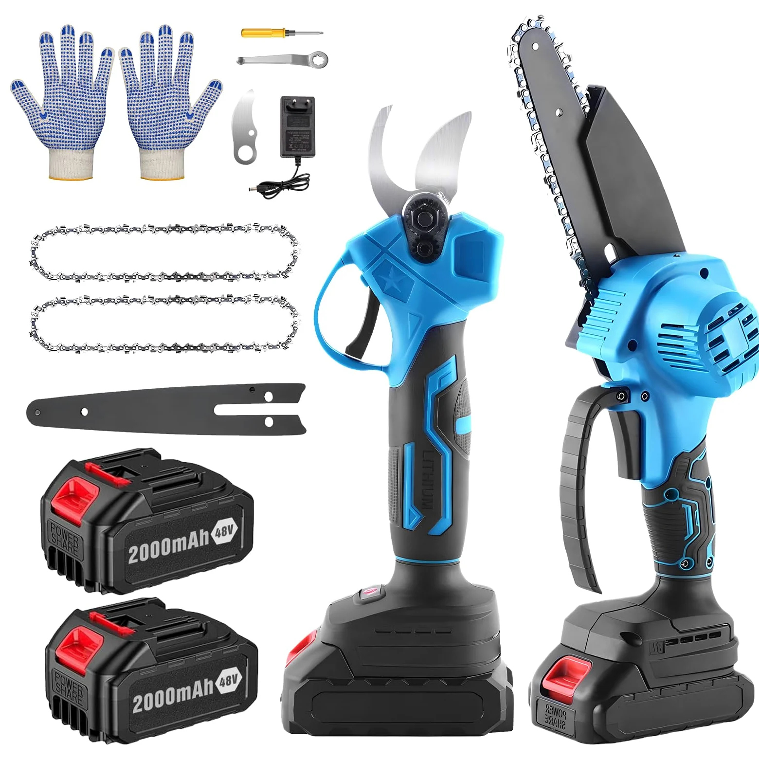 Coupe Branche Electrique,SéCateur éLectrique,Kit Tronconneuse A Batterie,2 Batterie 48v 2000mah,Viene Fornito Con Catena E Forbici.
