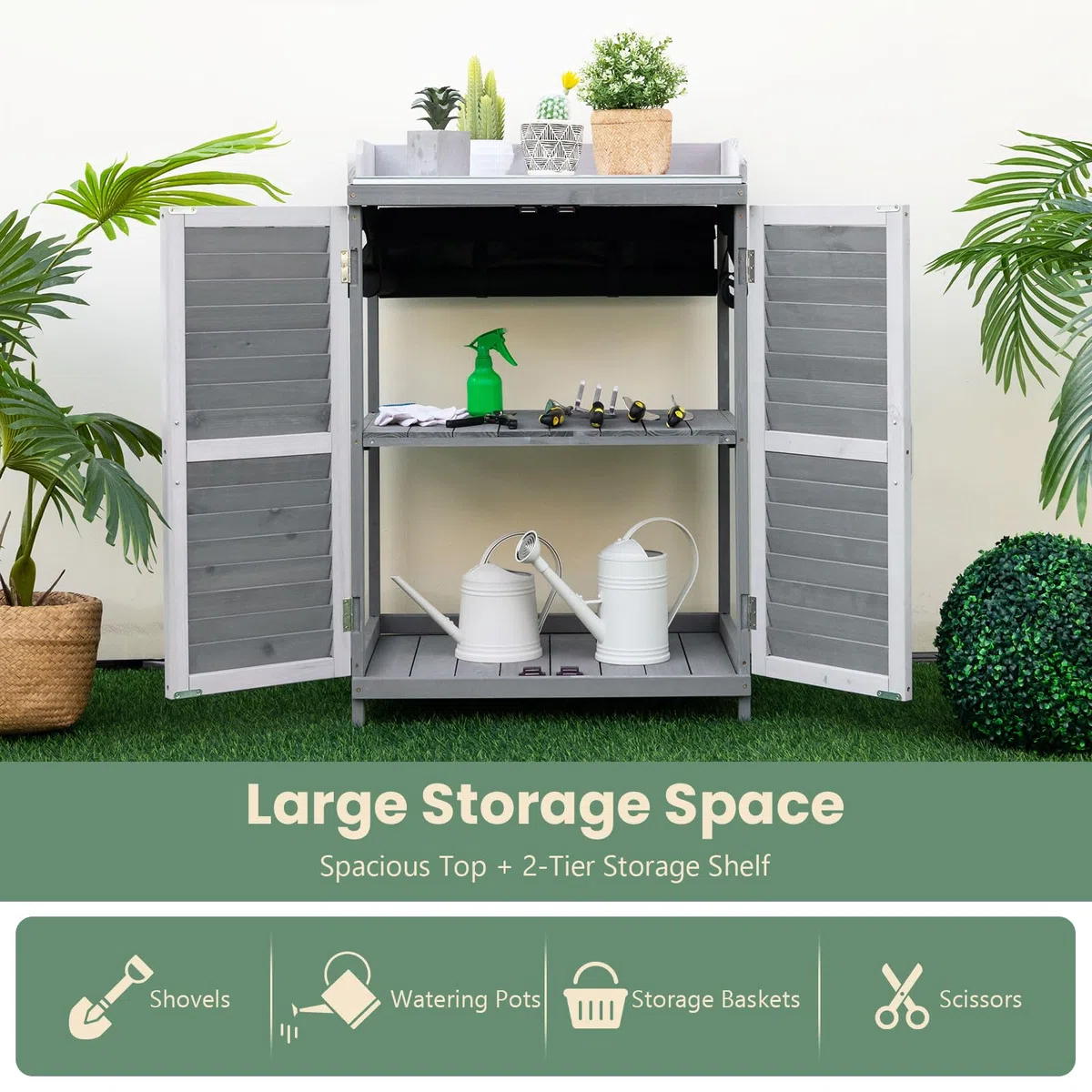 GOPLUS Table de Rempotage de Jardin en Bois de Sapin, 67 x 46 x 99,5 CM, Armoire de Rangement Extérieur, Plateau en Métal, Étagère, 2 Porte Magnétique Persiennes, Rideaux Latéraux, pour Outil, Plante